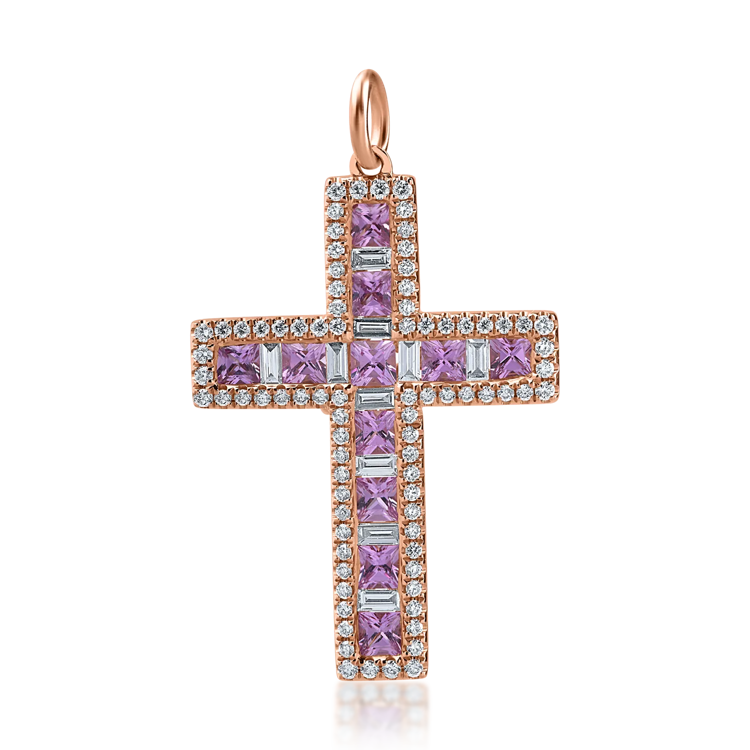 Pandantiv cruce din aur roz cu rubine de 0.96ct si diamante de 0.51ct