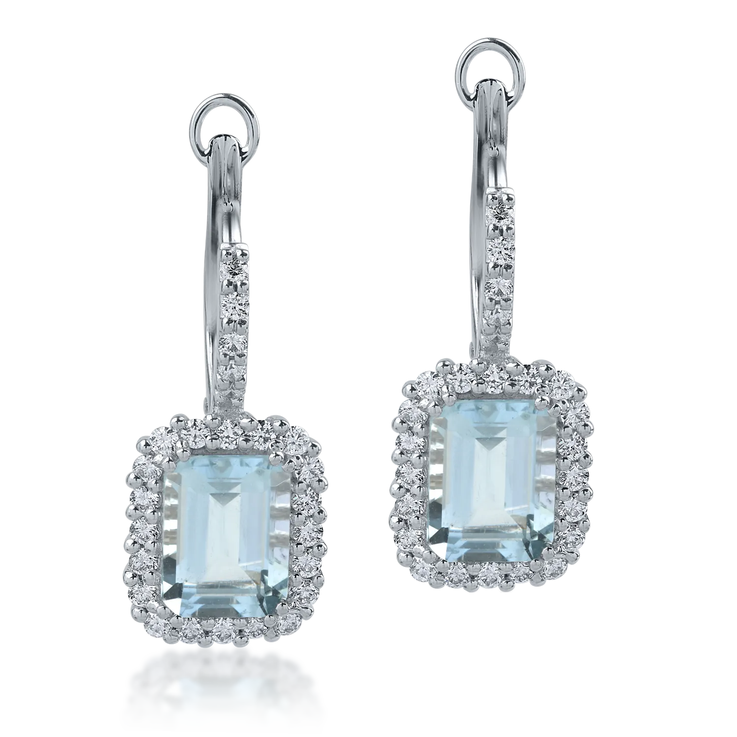 Cercei din aur alb cu acvamarine octogonale de 2.72ct si diamante de 0.54ct