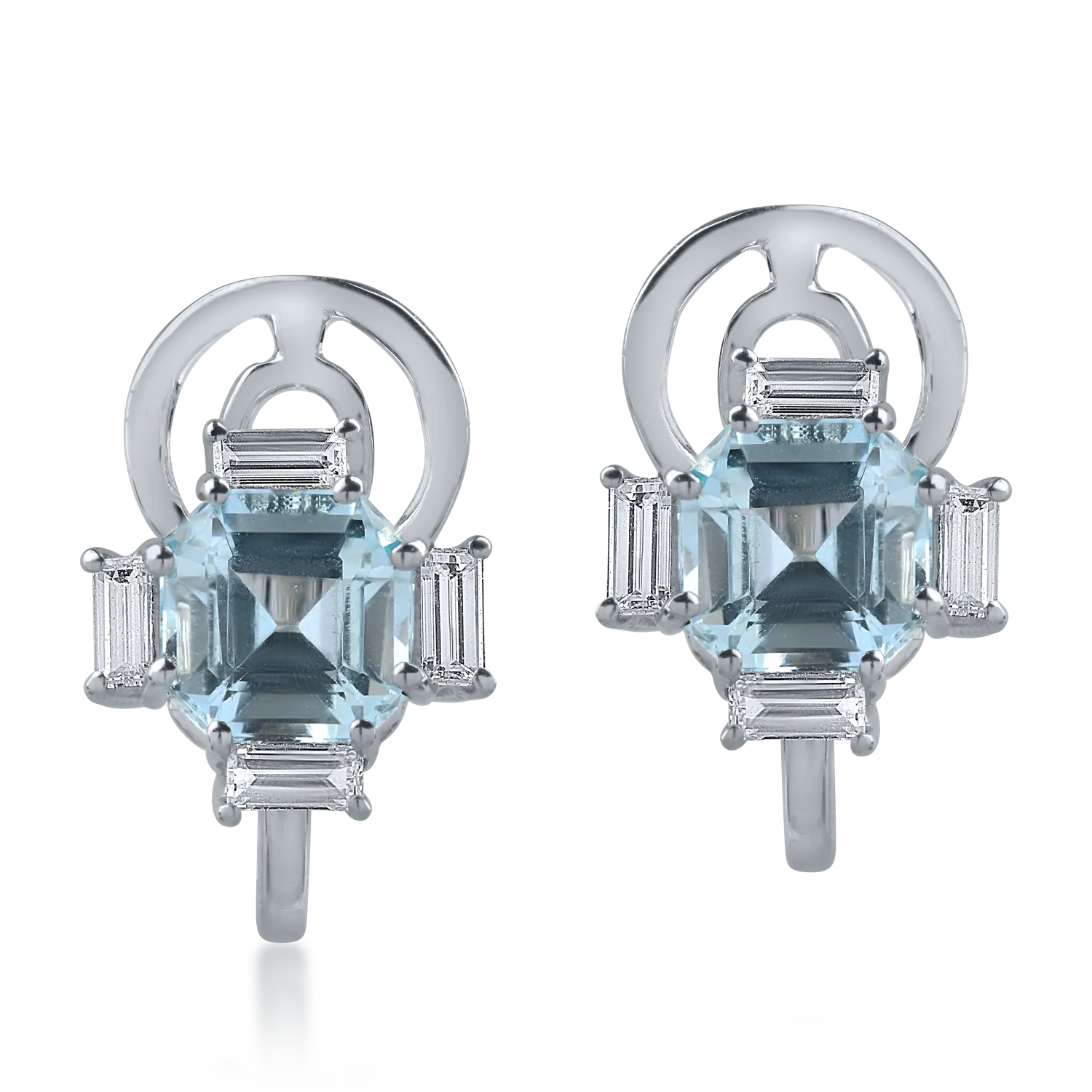Cercei din aur alb cu acvamarine octogonale de 1.9ct si diamante baguette de 0.3ct - imagine 2