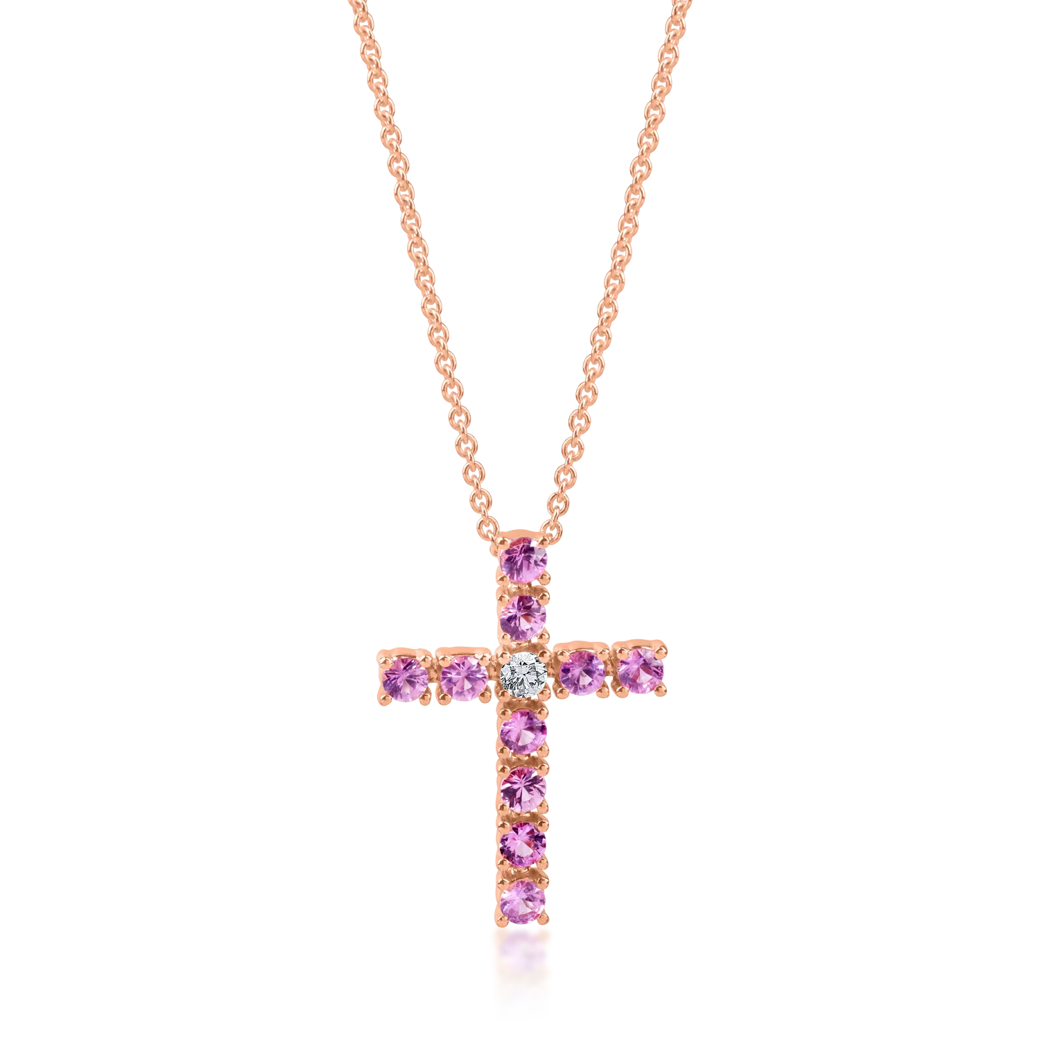 Lant cu pandantiv cruce din aur roz cu safire roz de 0.95ct si diamant de 0.08ct