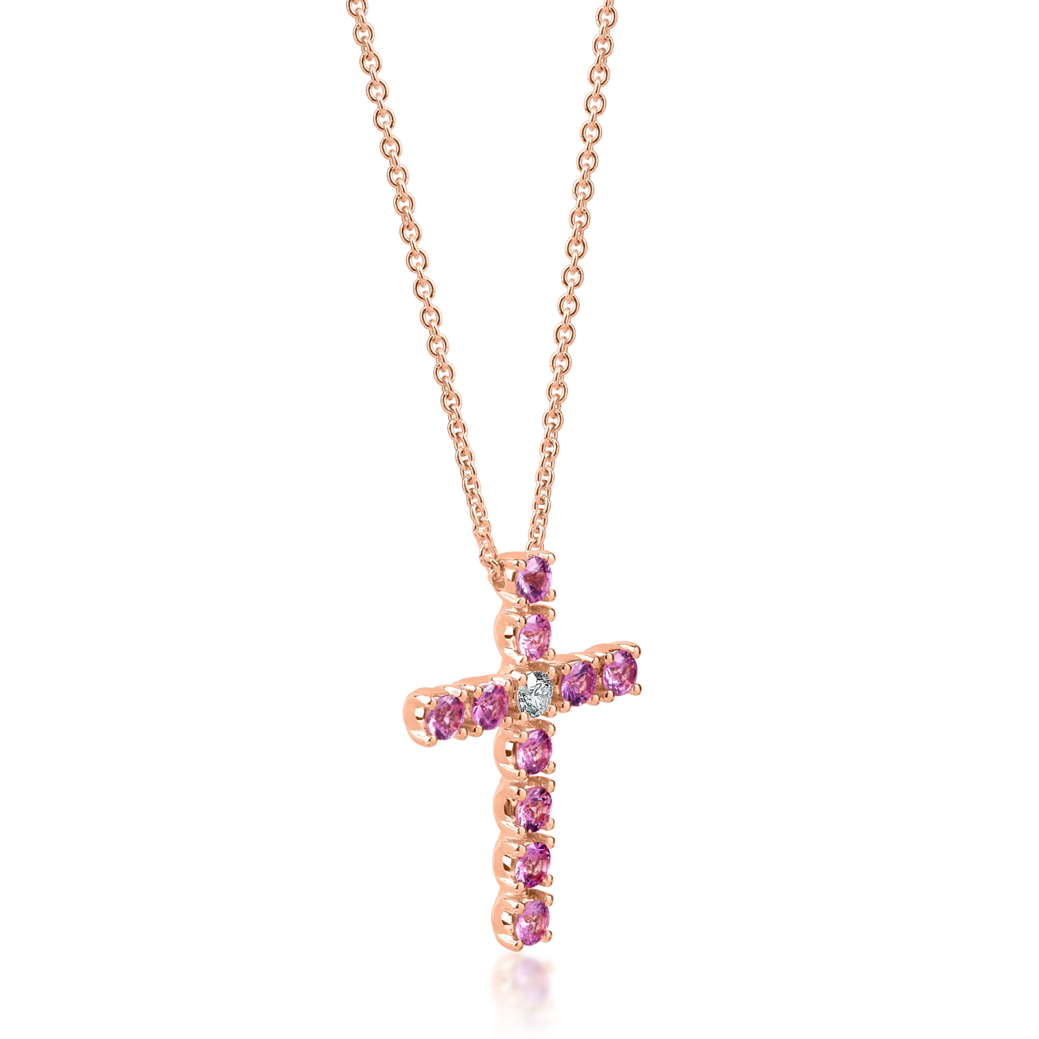 Lant cu pandantiv cruce din aur roz cu safire roz de 0.95ct si diamant de 0.08ct