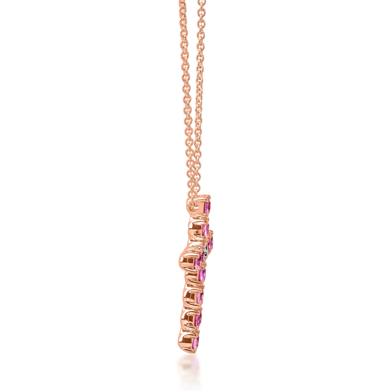 Lant cu pandantiv cruce din aur roz cu safire roz de 0.95ct si diamant de 0.08ct