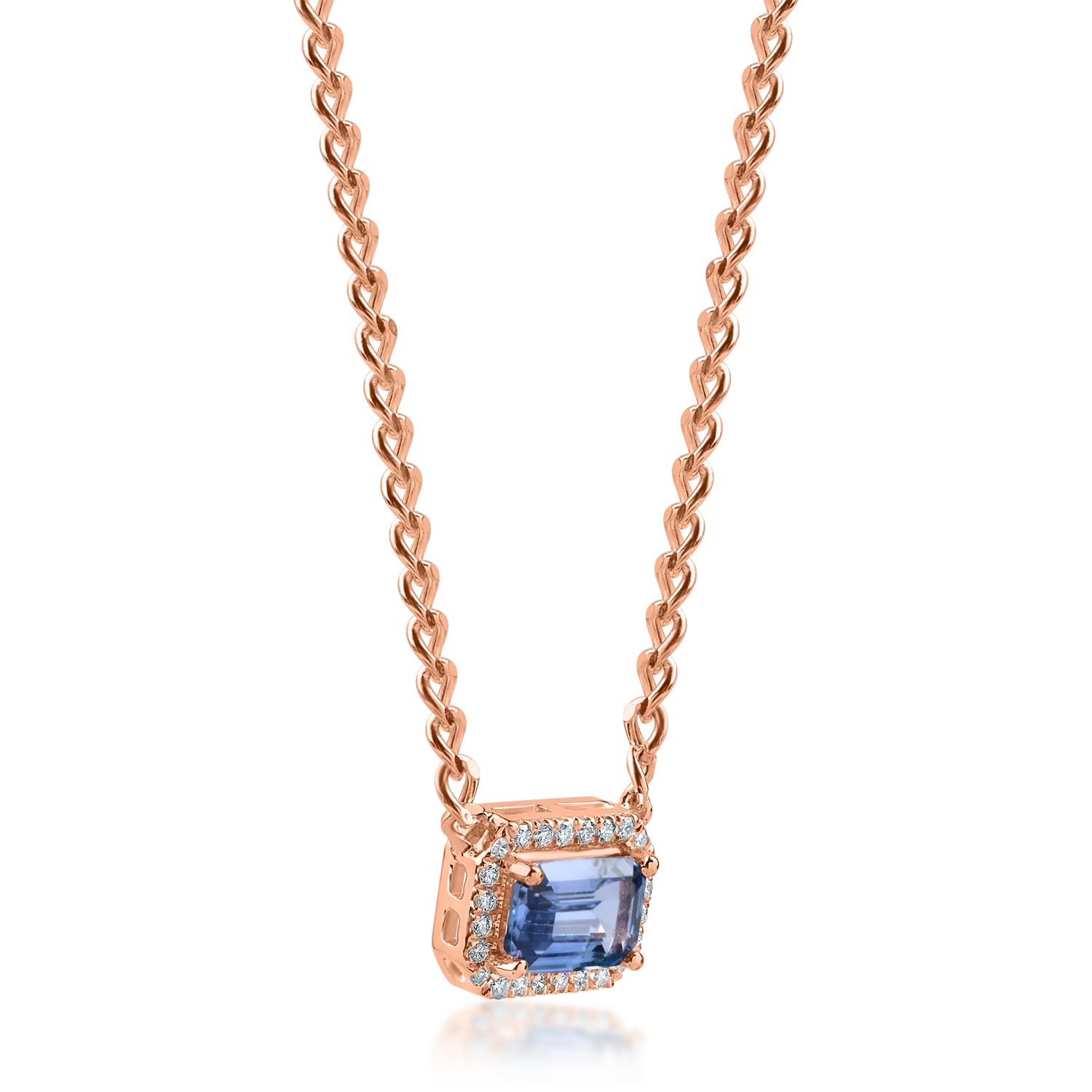 Rose gold geometric pendant necklace with 0.6ct light blue sapphire and 0.06ct diamonds