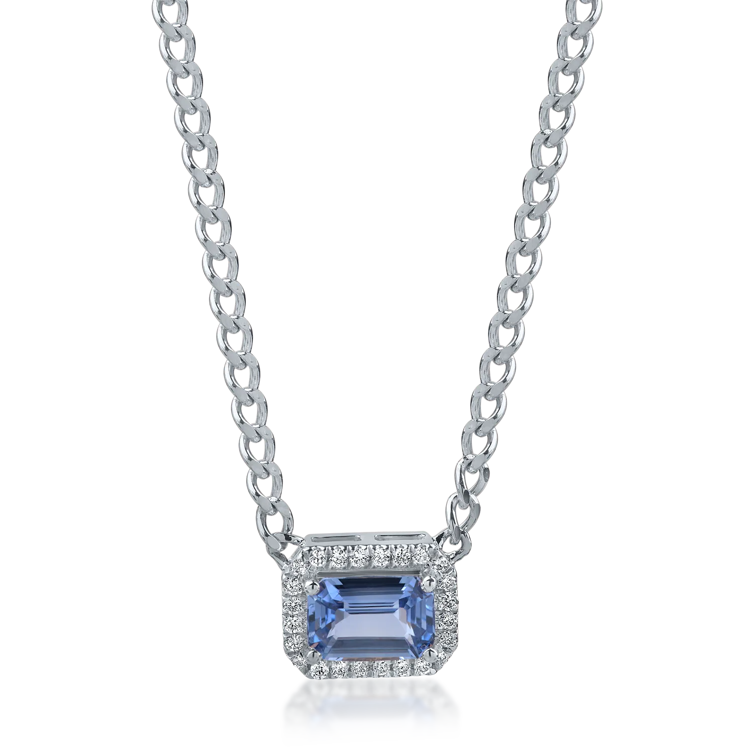 White gold geometric pendant necklace with 0.6ct light blue sapphire and 0.06ct diamonds