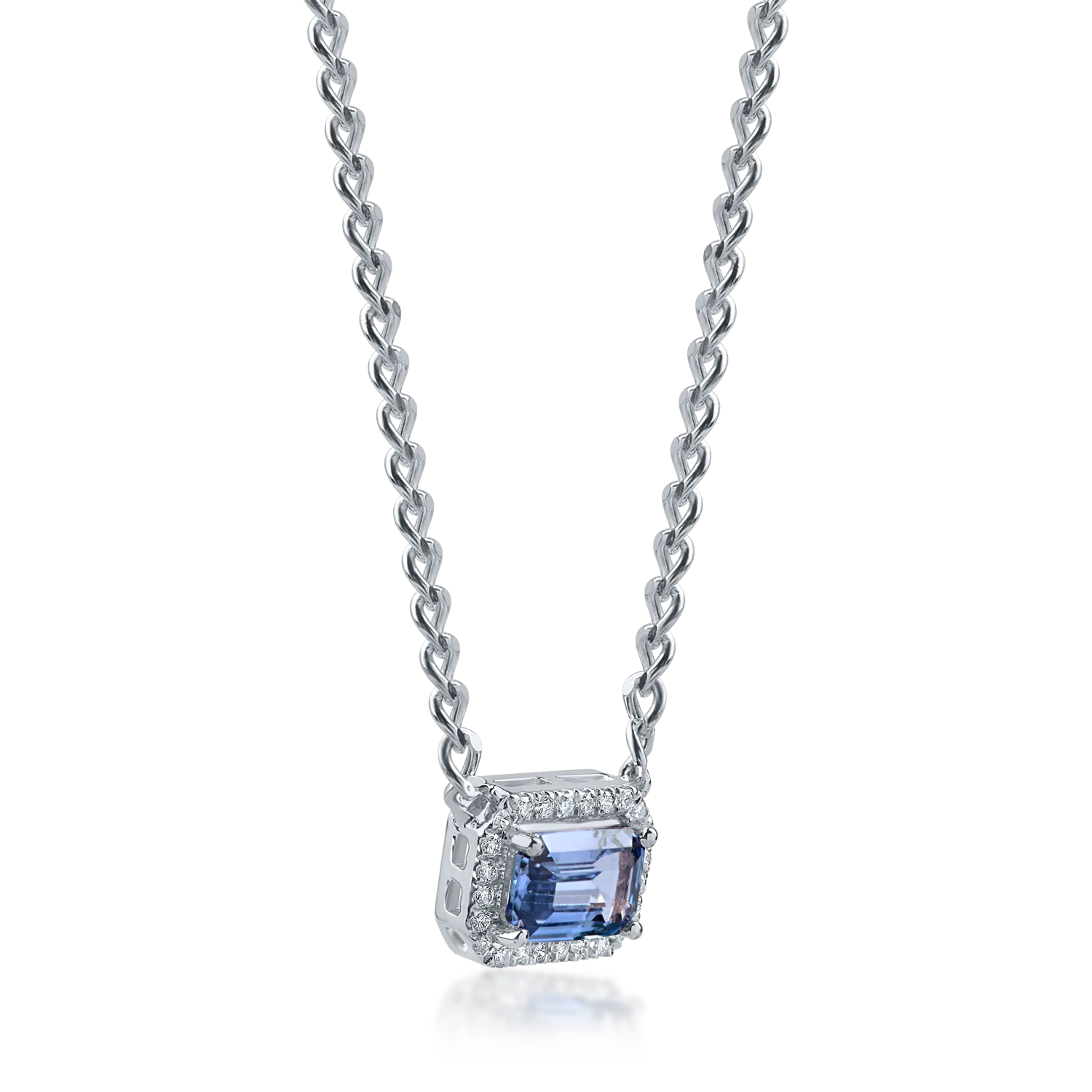 White gold geometric pendant necklace with 0.6ct light blue sapphire and 0.06ct diamonds