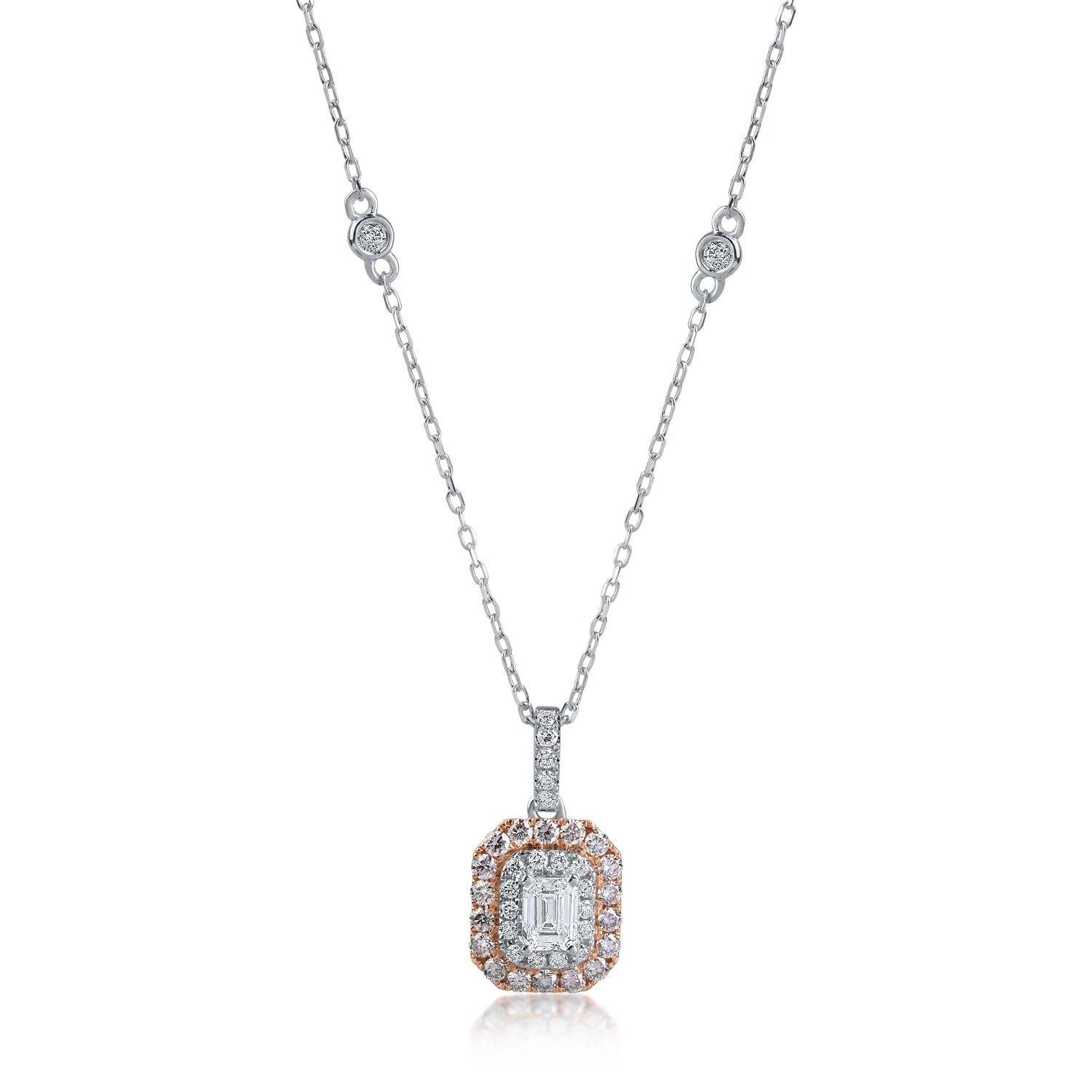 Teilor Lant cu pandantiv din aur alb-roz cu diamante roz emerald si rotunde de 0.7ct si diamante transparente de 0.18ct
