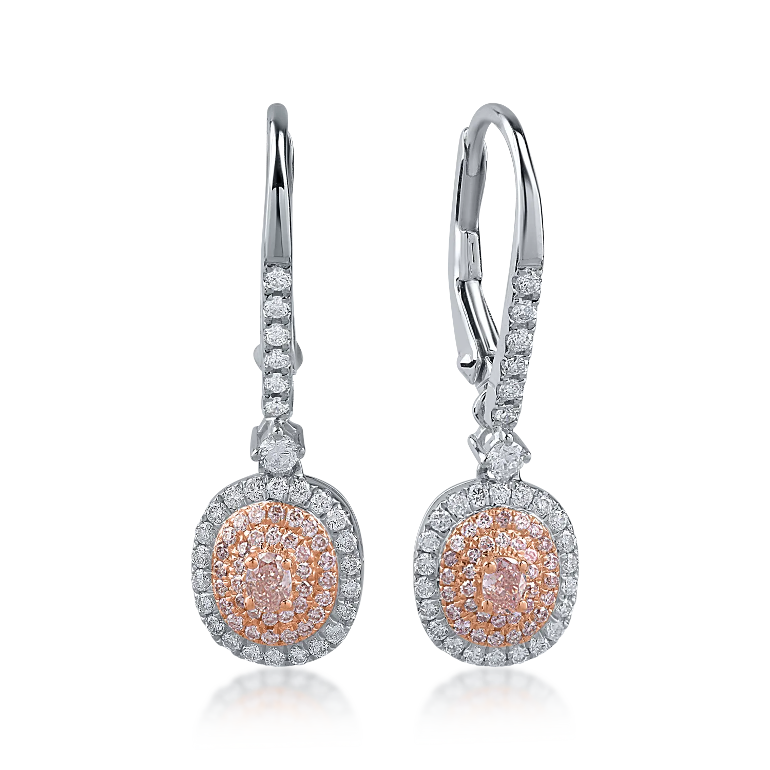 White-rose gold earrings with 0.43ct clear diamonds and 0.32ct rose diamonds