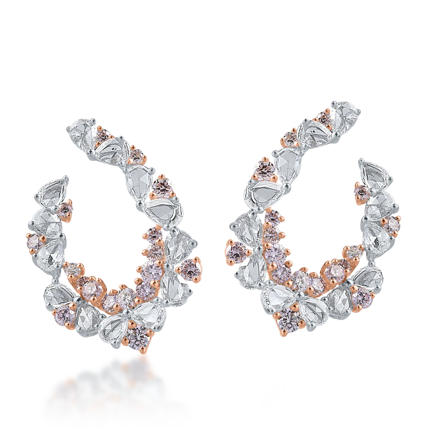 White-rose gold earrings with 1.49ct clear diamonds and 0.94ct rose diamonds