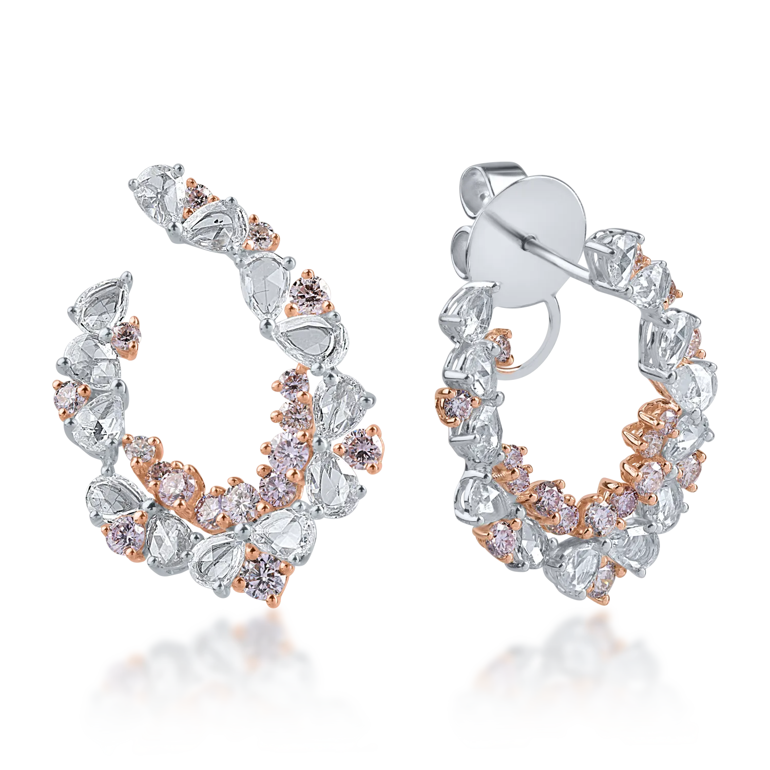 Fehér rózsa arany fülbevaló 1.49ct átlátszó gyémántokkal és 0.94ct rózsa gyémántokkal