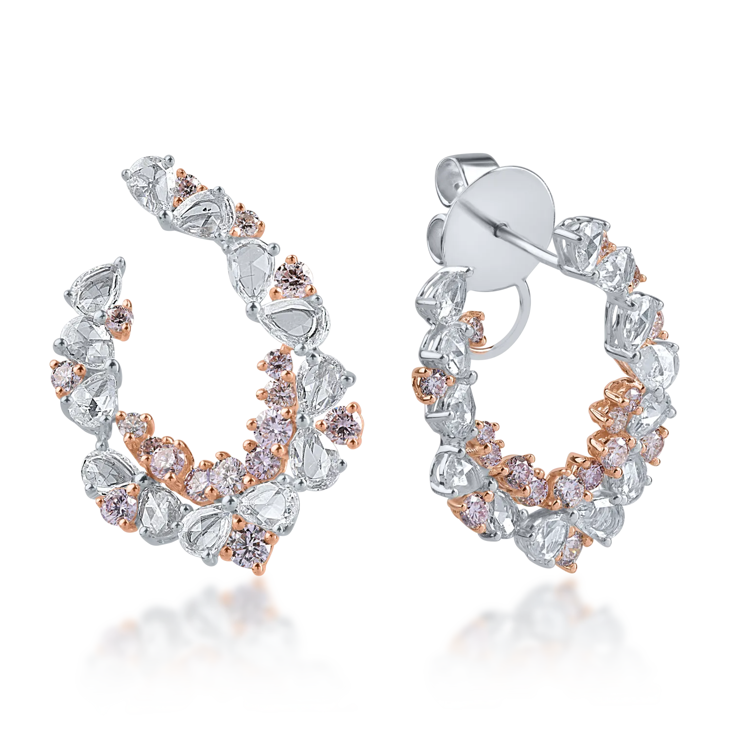 White-rose gold earrings with 1.49ct clear diamonds and 0.94ct rose diamonds