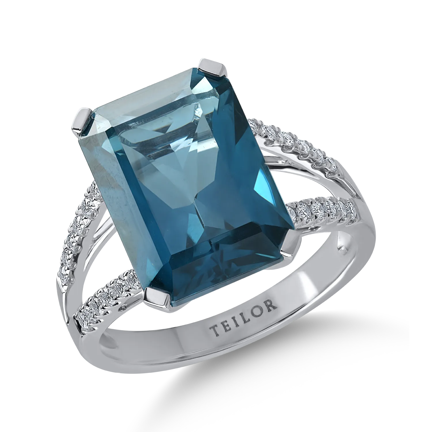 Inel din aur alb cu topaz london blue de 9.7ct si diamante de 0.26ct