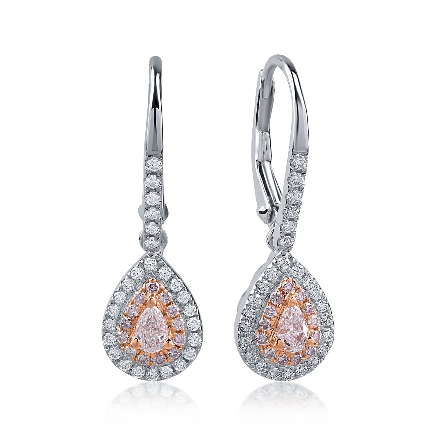 Cercei din aur alb-roz cu diamante roz pear si rotunde de 0.38ct si diamante incolore de 0.31ct