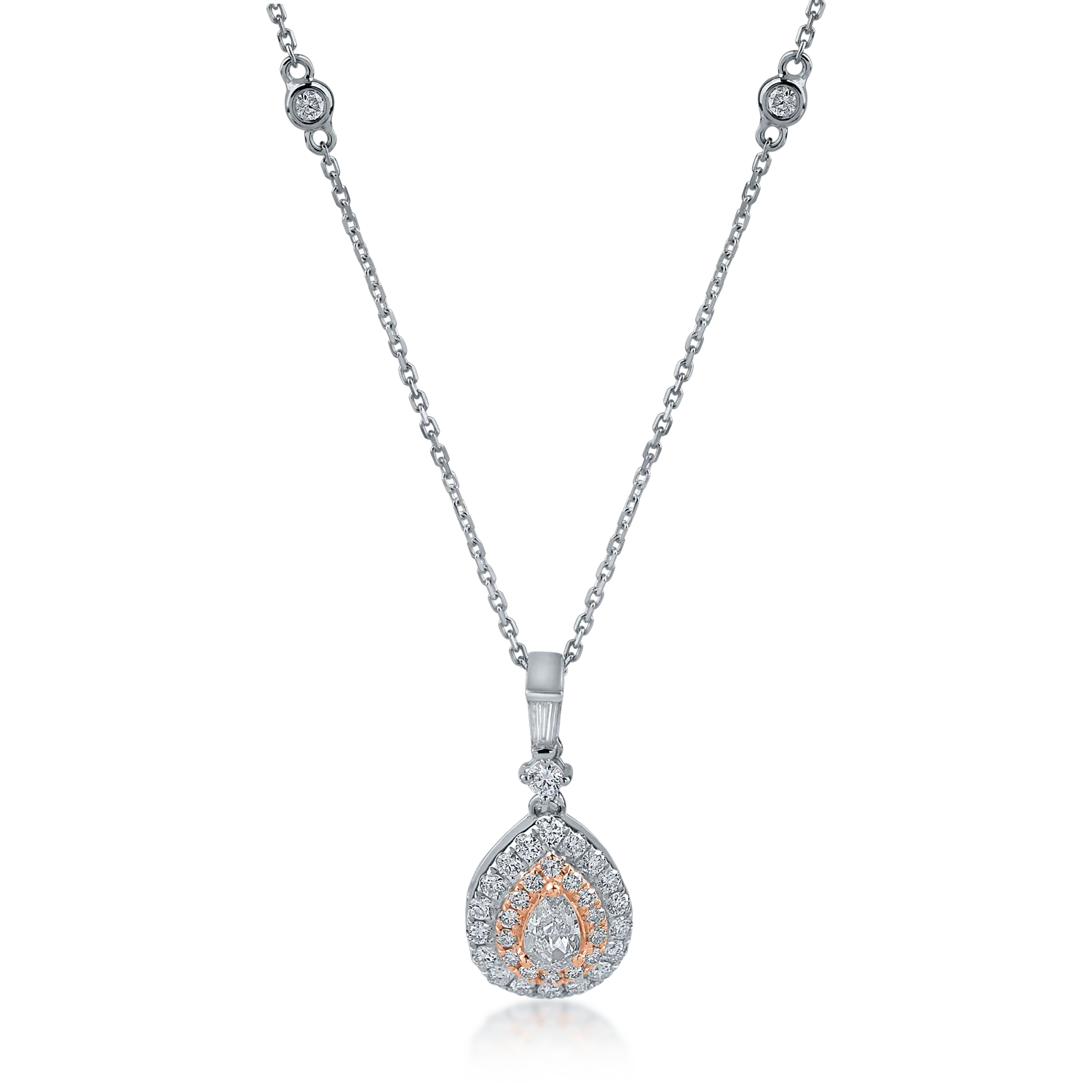 Teilor Lant cu pandantiv din aur alb-roz cu diamante roz pear si rotunde de 0.4ct si diamante incolore baguette si rotunde de 0.4ct