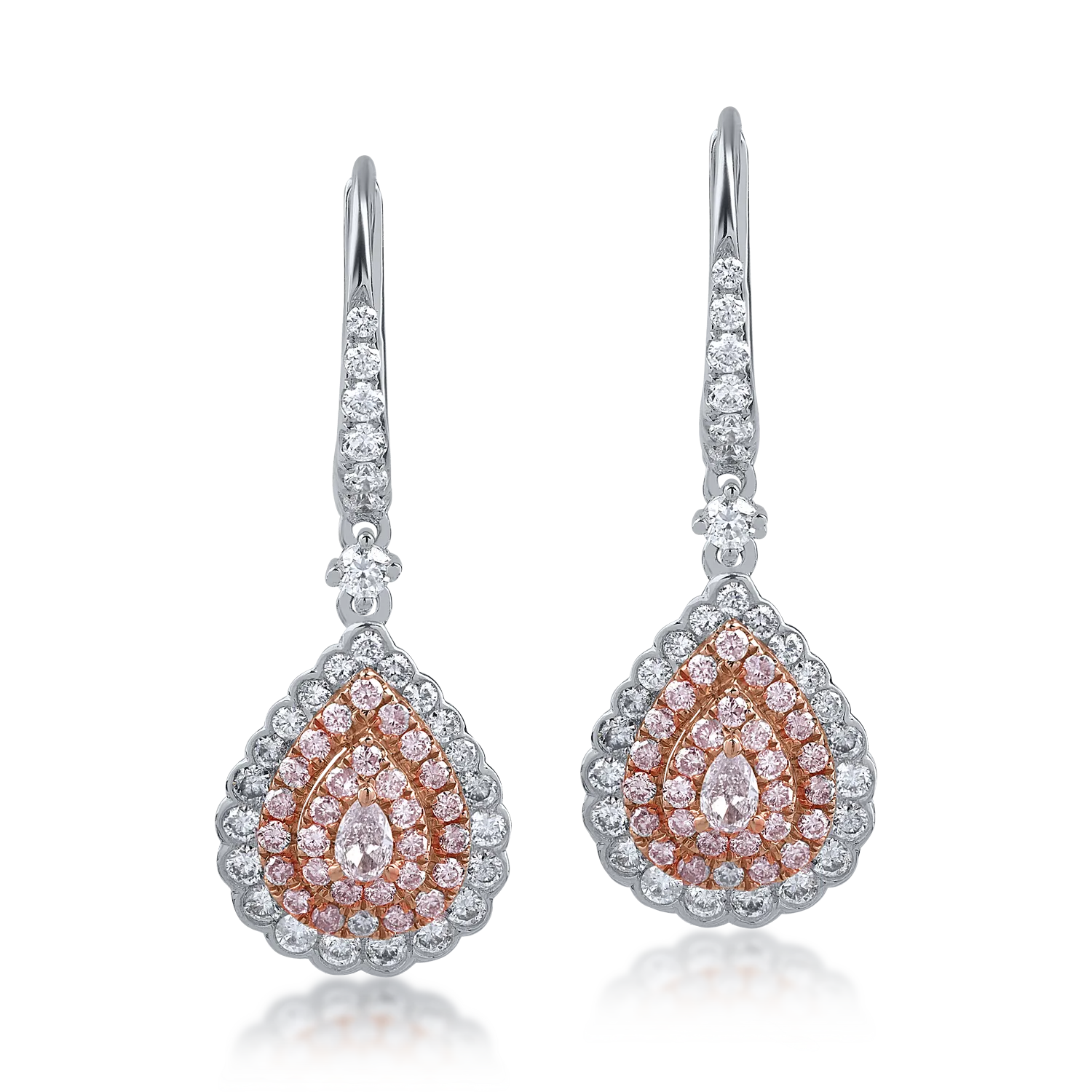 White-rose gold earrings with 0.74ct clear diamonds and 0.56ct rose diamonds