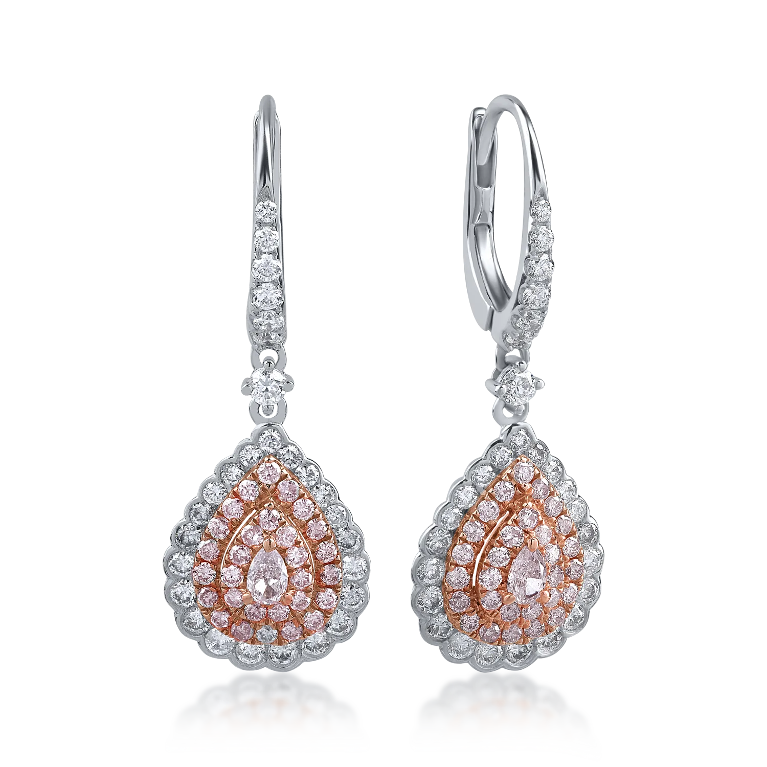 White-rose gold earrings with 0.74ct clear diamonds and 0.56ct rose diamonds