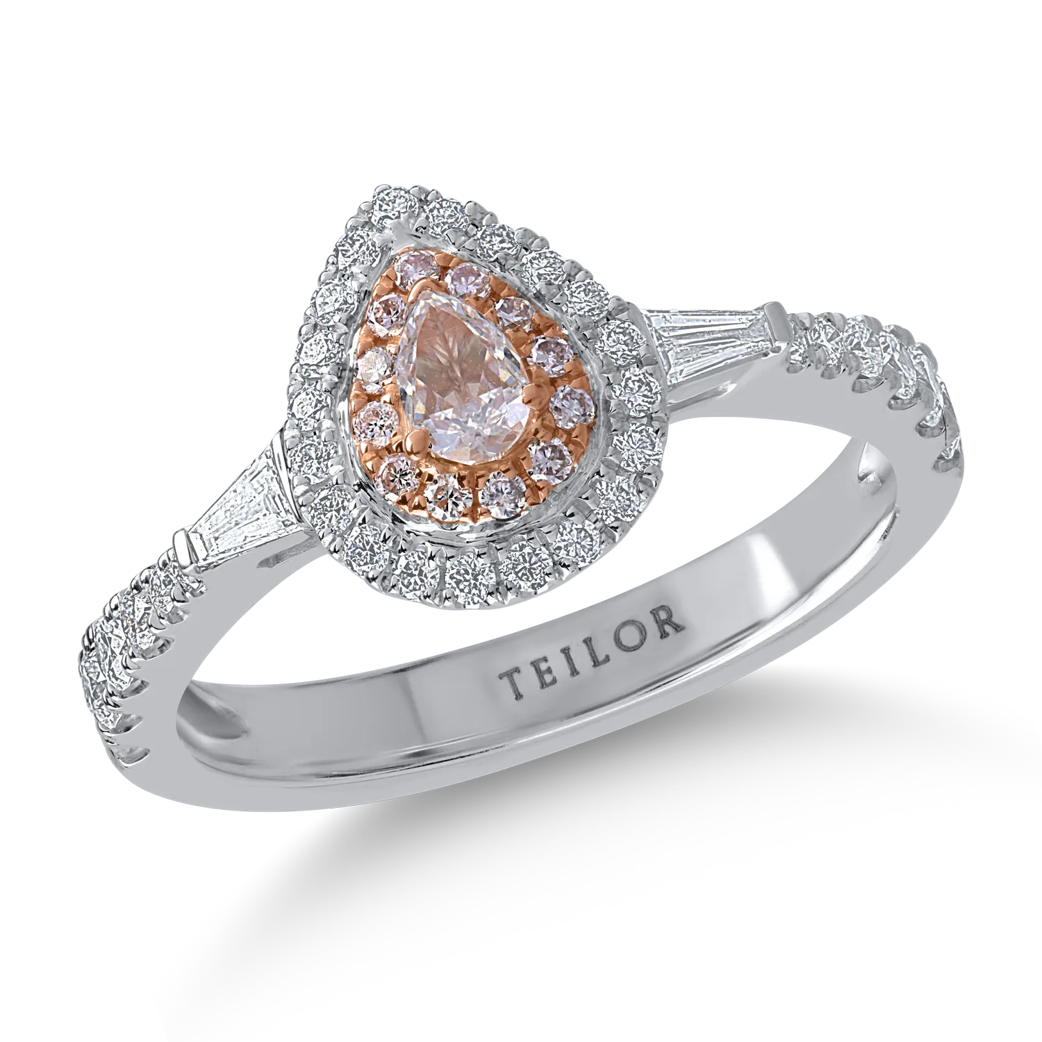 Inel din aur alb-roz cu diamante transparente baguette si rotunde de 0.5ct si diamante roz pear si rotunde de 0.25ct