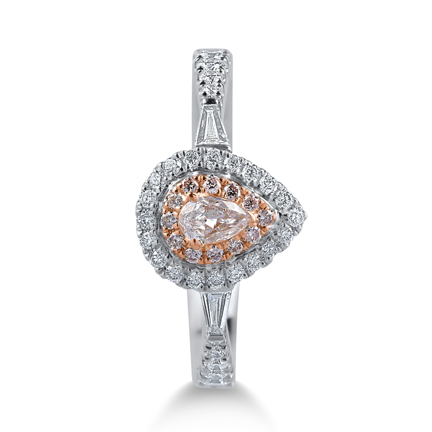 Inel din aur alb-roz cu diamante transparente baguette si rotunde de 0.5ct si diamante roz pear si rotunde de 0.25ct - imagine 2