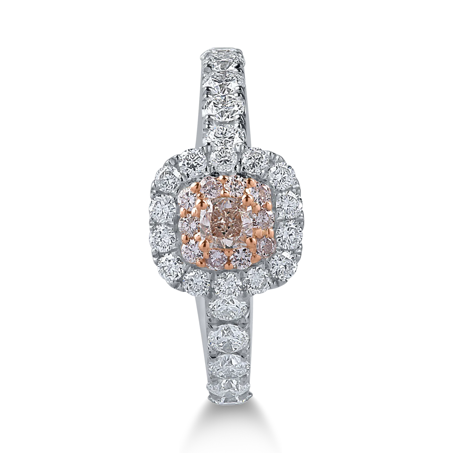 Fehér rózsa arany gyűrű 0.91ct átlátszó gyémántokkal és 0.32ct rózsa gyémántokkal