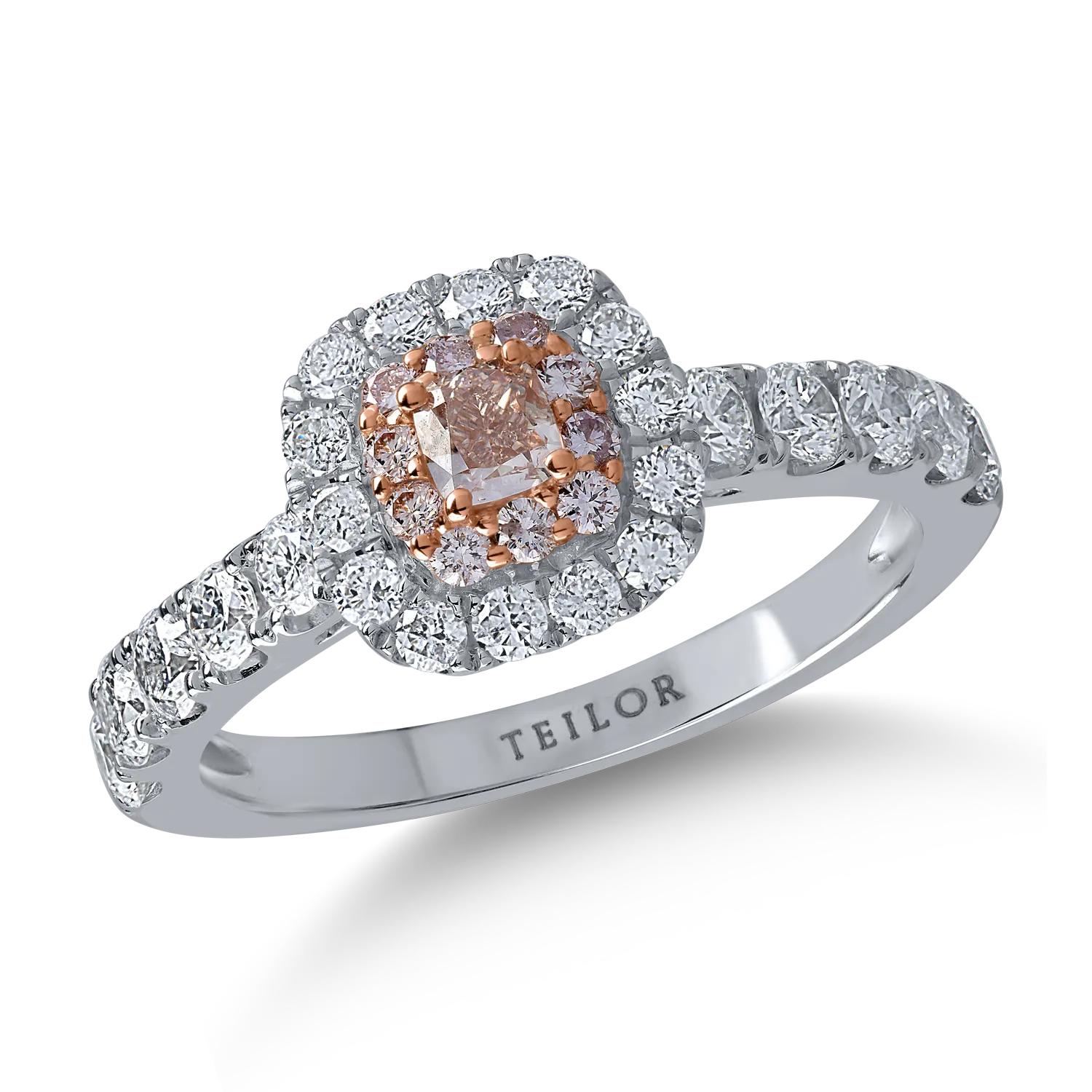 Inel din aur alb-roz cu diamante transparente de 0.91ct si diamante roz cushion si rotunde de 0.32ct
