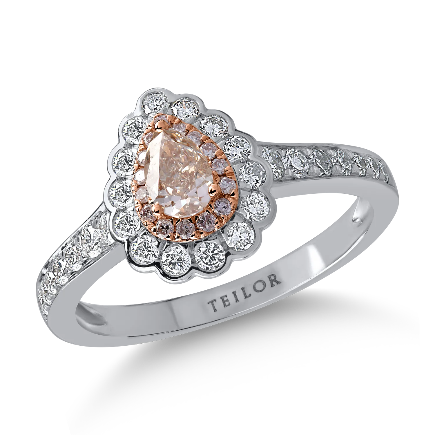 Inel din aur alb-roz cu diamante transparente de 0.5ct si diamante roz pear si rotunde de 0.42ct