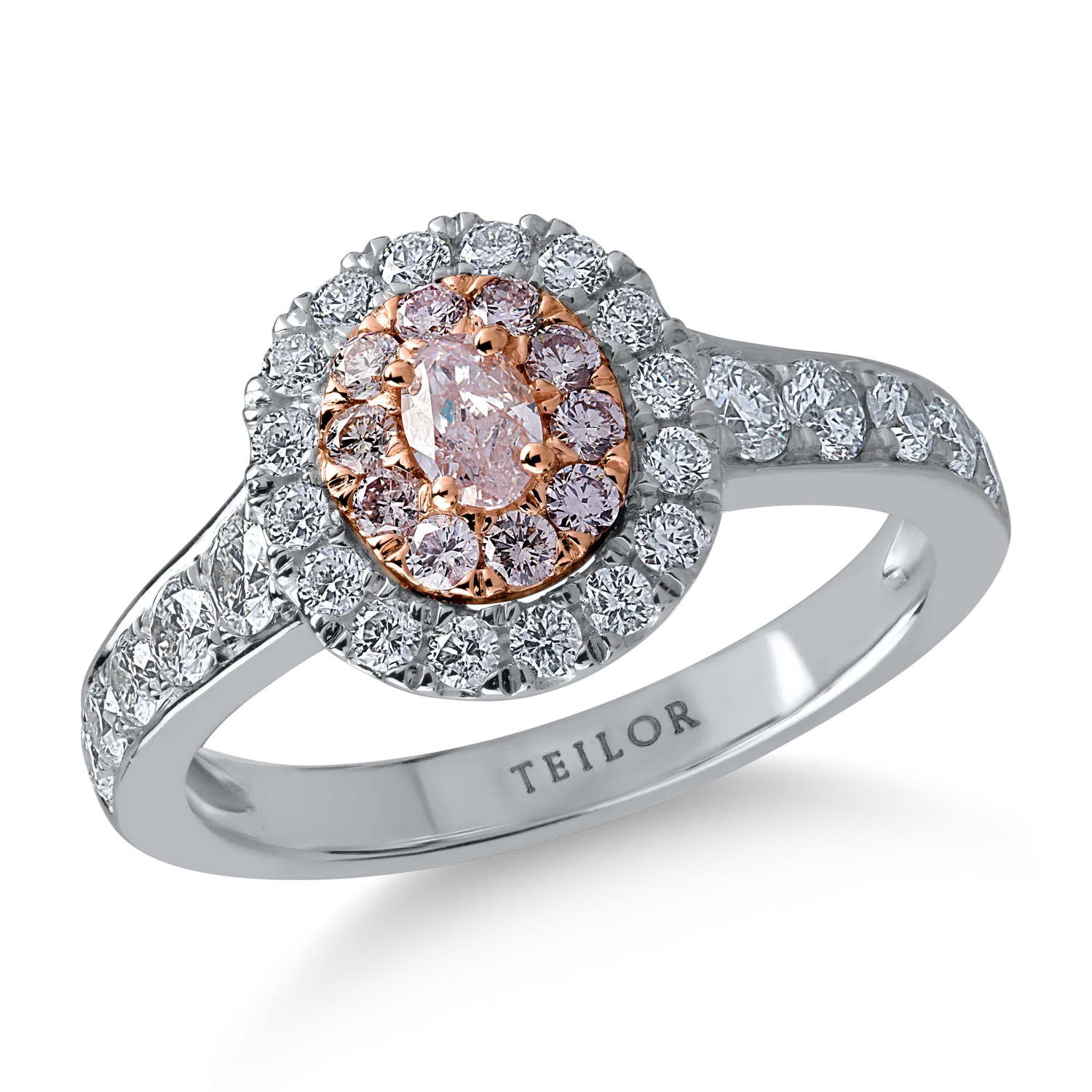 Fehér rózsa arany gyűrű 0.76ct átlátszó gyémántokkal és 0.36ct rózsa gyémántokkal