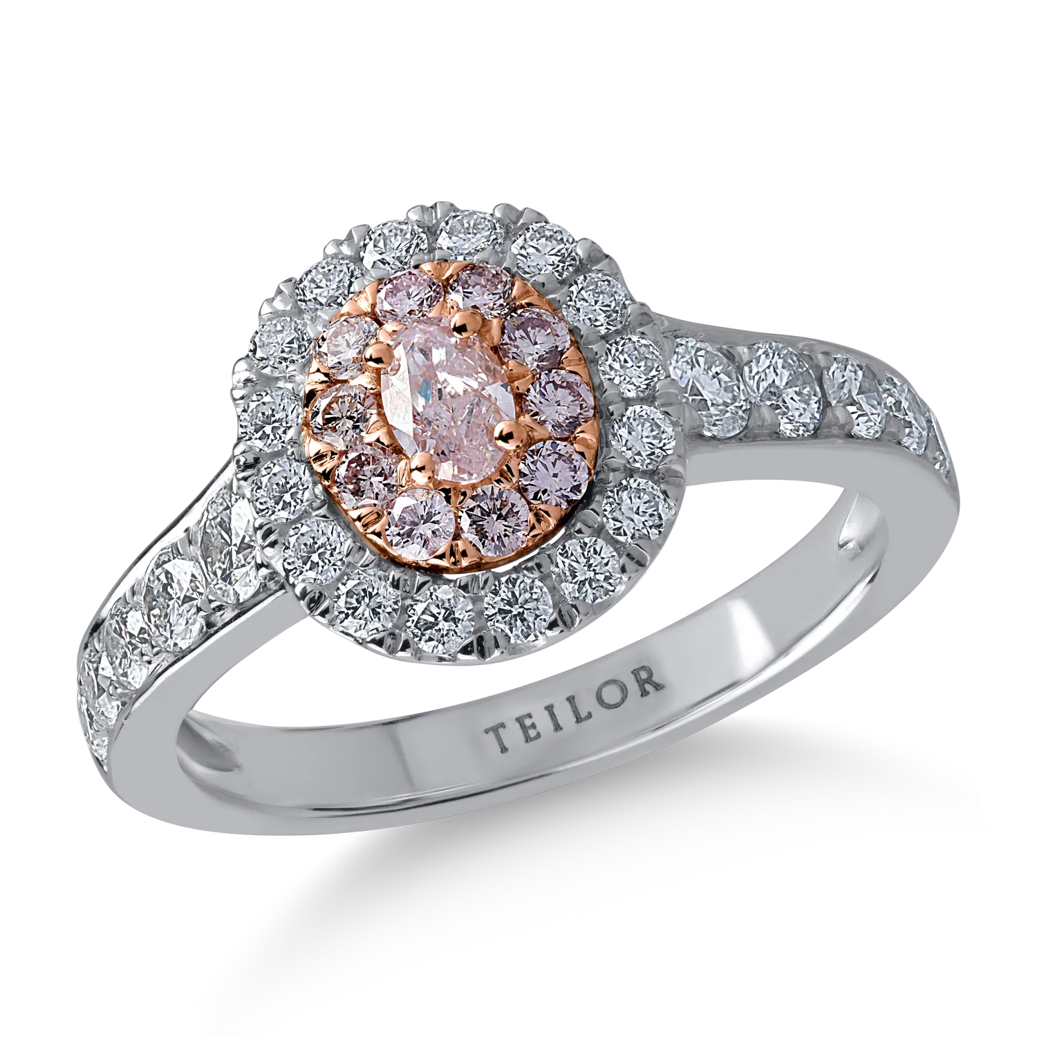 Inel din aur alb-roz cu diamante transparente de 0.76ct si diamante roz ovale si rotunde de 0.36ct