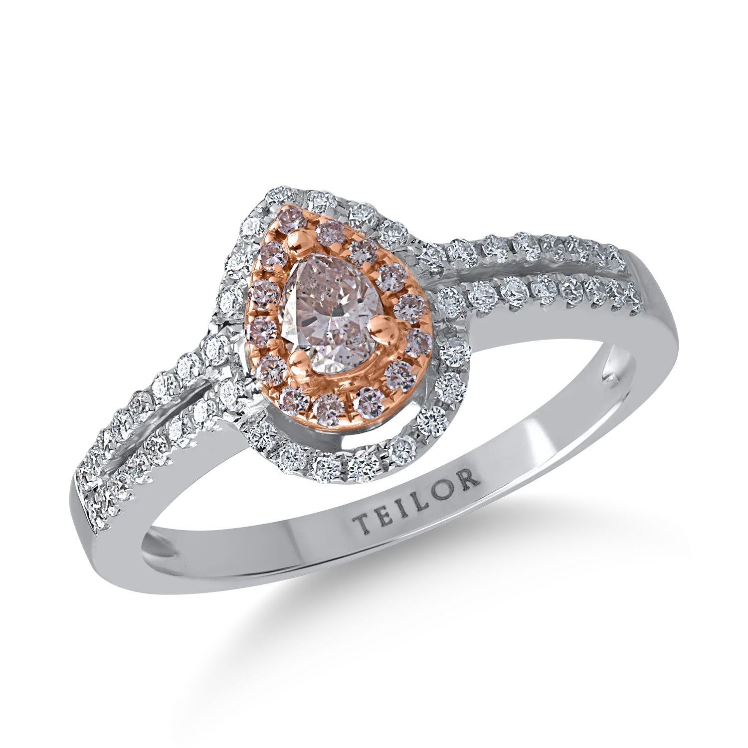 Inel din aur alb-roz cu diamante roz pear si rotunde de 0.29ct si diamante transparente de 0.24ct