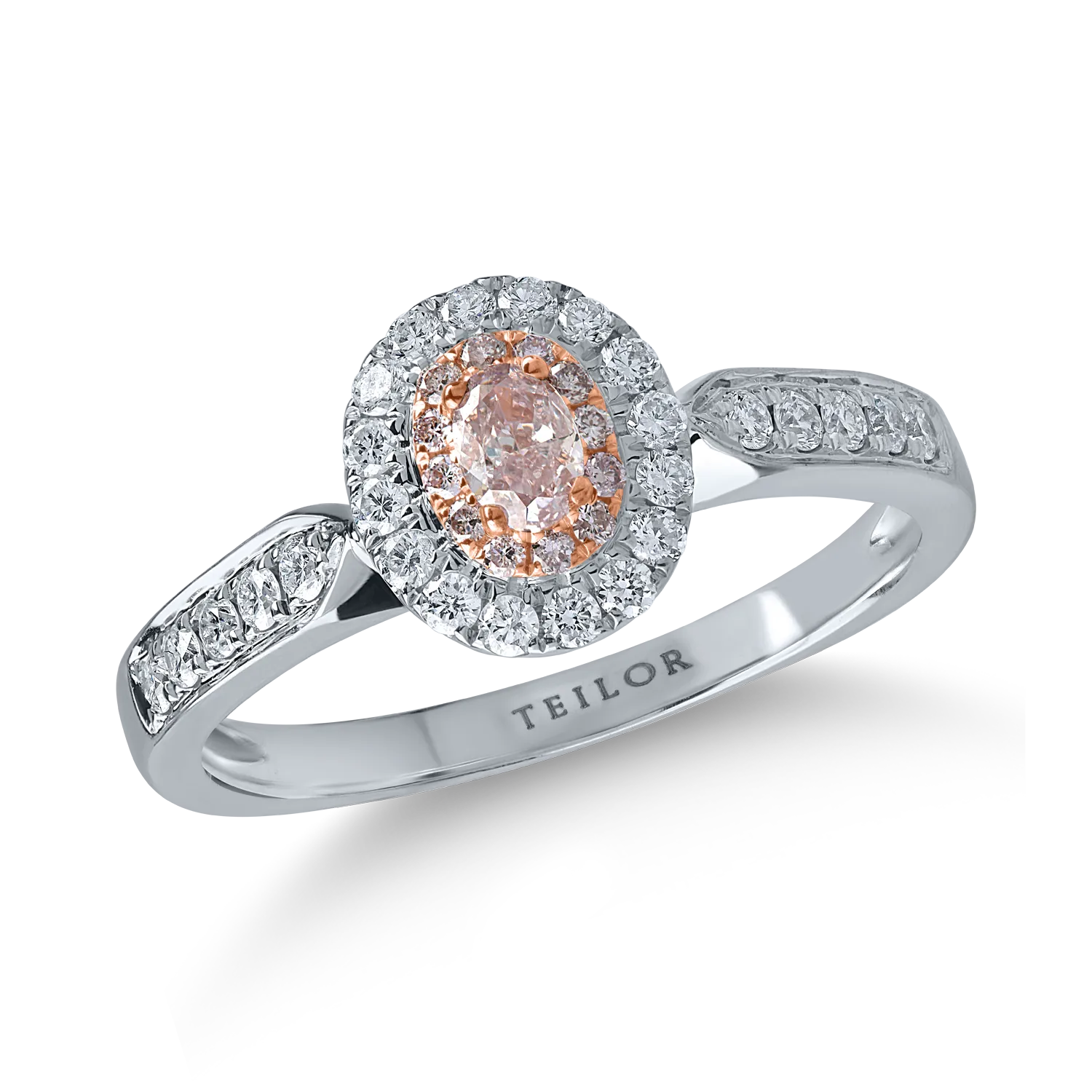 Inel din aur alb-roz cu diamante transparente de 0.34ct si diamante roz ovale si rotunde de 0.21ct