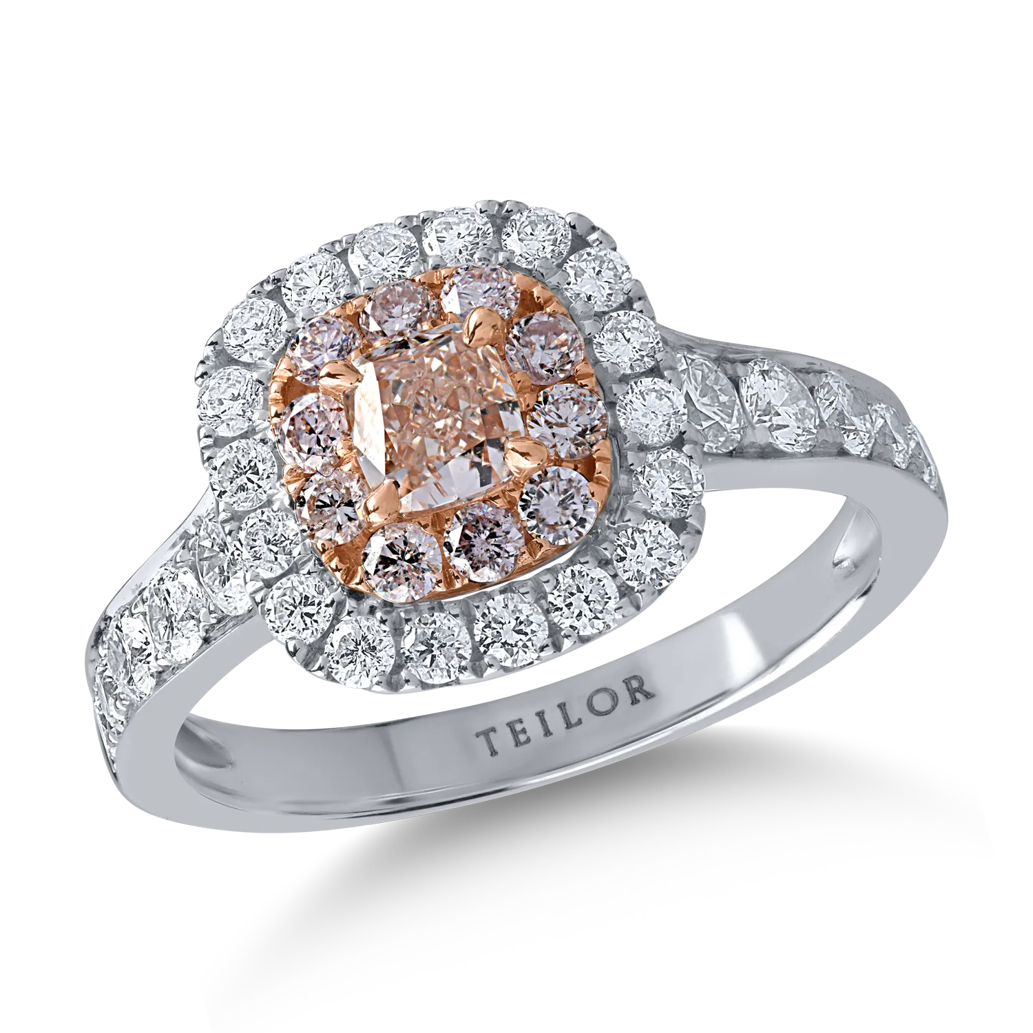 Inel din aur alb-roz cu diamante de 0.8ct si diamante roz cushion si rotunde de 0.6ct