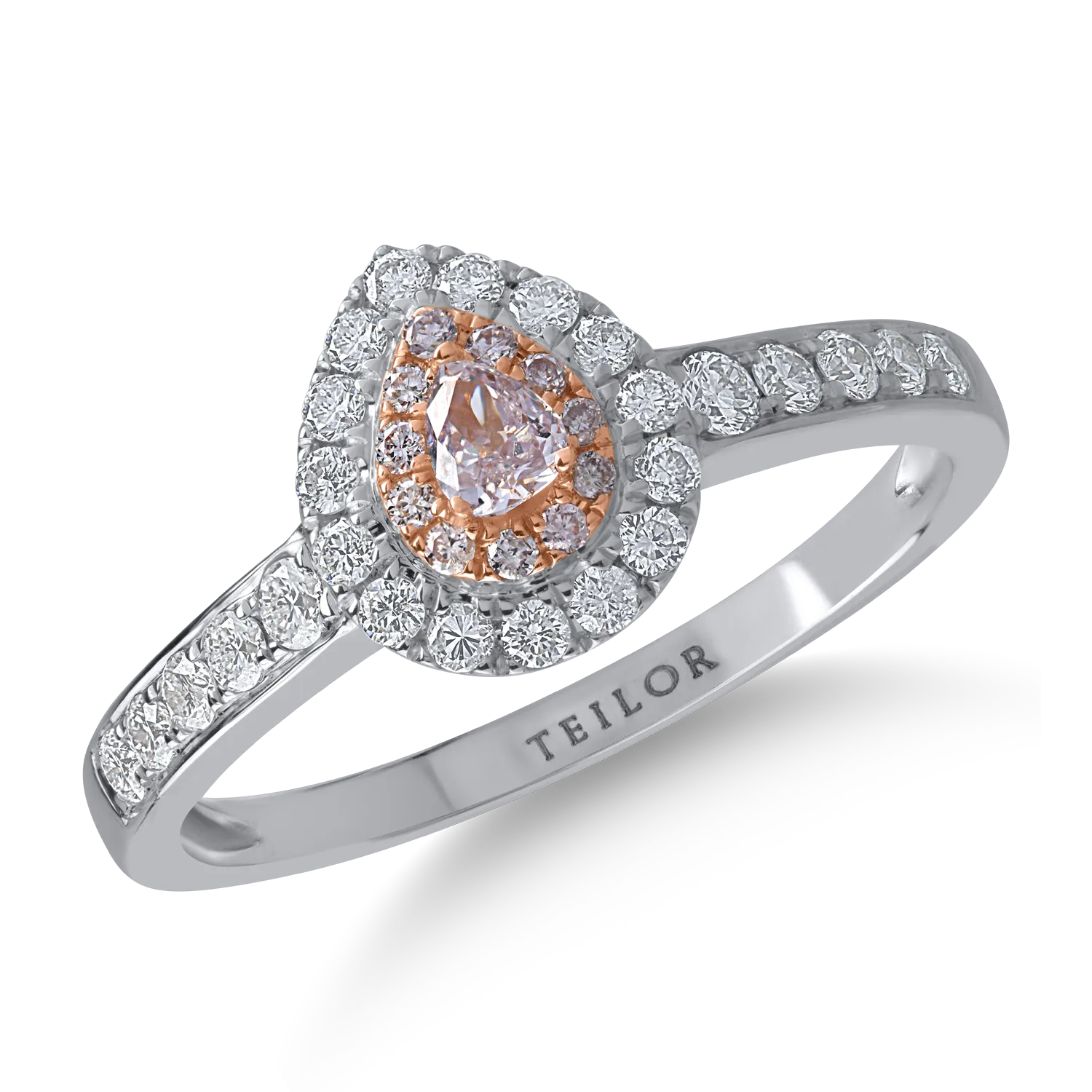 Inel din aur alb-roz cu diamante transparente de 0.35ct si diamante roz pear si rotunde de 0.16ct
