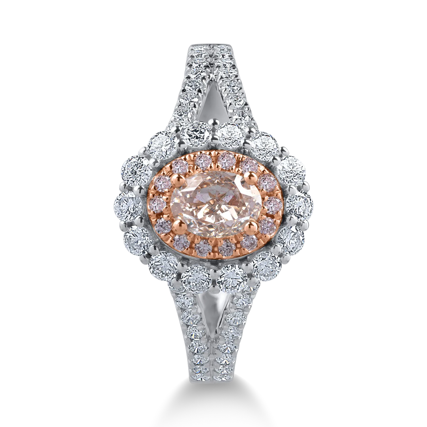 Fehér rózsa arany gyűrű 0.59ct átlátszó gyémántokkal és 0.58ct rózsa gyémántokkal