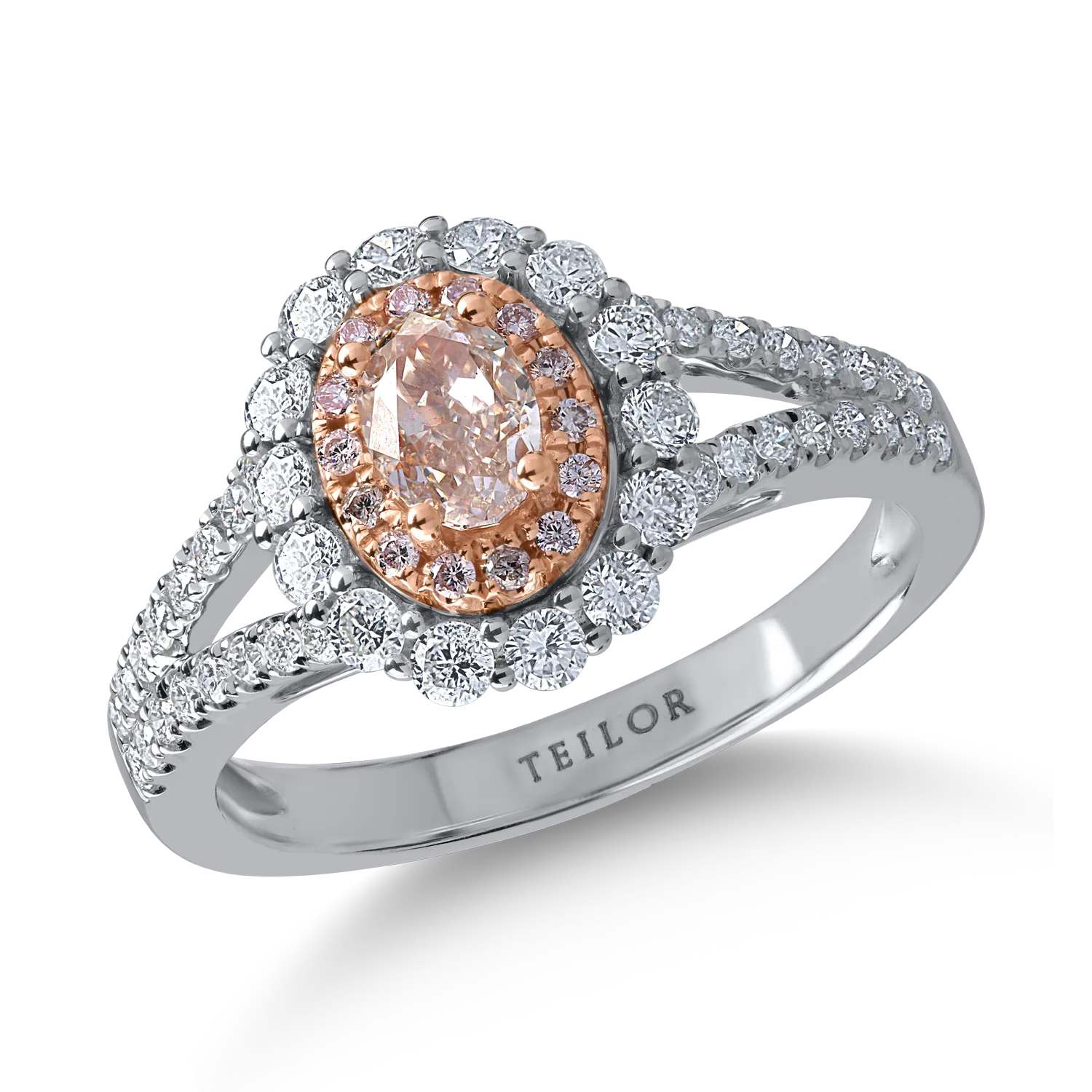Inel din aur alb-roz cu diamante transparente de 0.59ct si diamante roz ovale si rotunde de 0.58ct