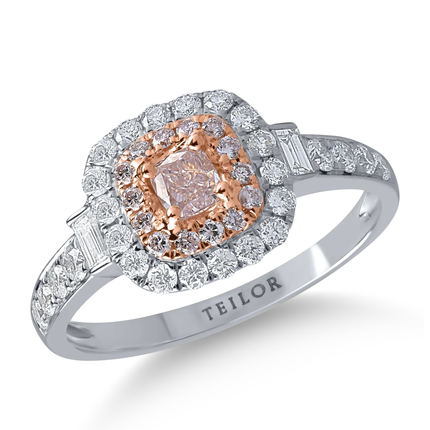 Inel din aur alb-roz cu diamante transparente baguette si rotunde de 0.6ct si diamante roz cushion si rotunde de 0.38ct