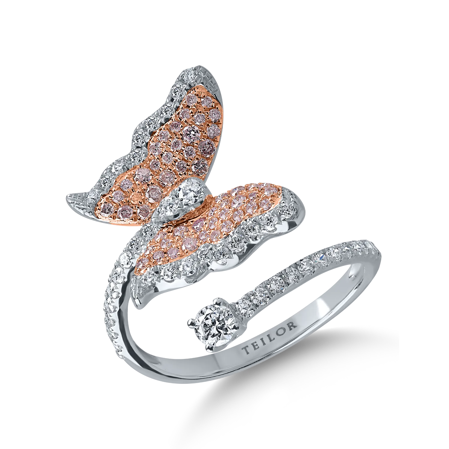 White-rose gold butterfly ring with 0.5ct clear diamonds and 0.2ct pink diamonds