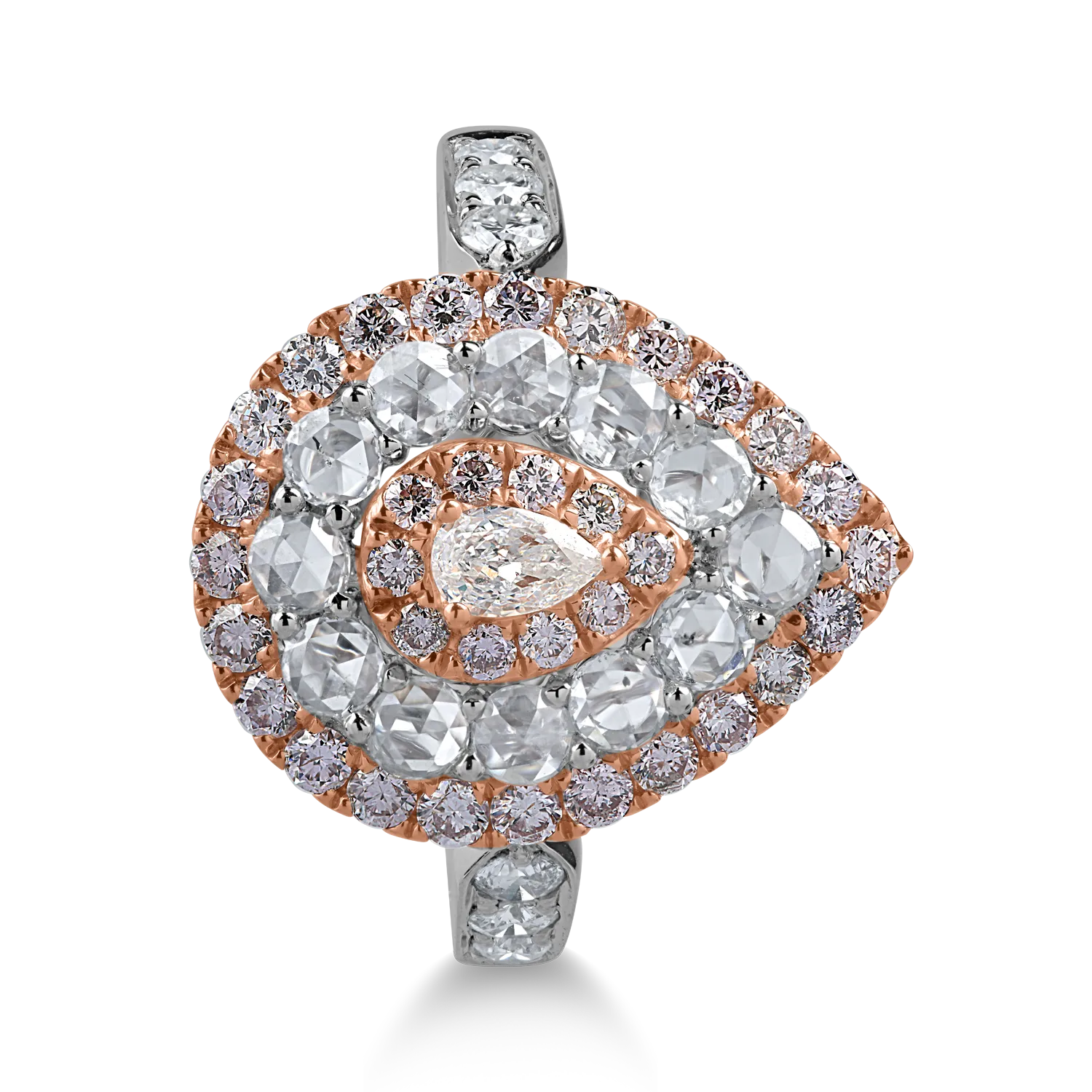Pierścionek z białego różowego złota z bezbarwnymi diamentami o masie 0.73ct i różowymi diamentami o masie 0.67ct