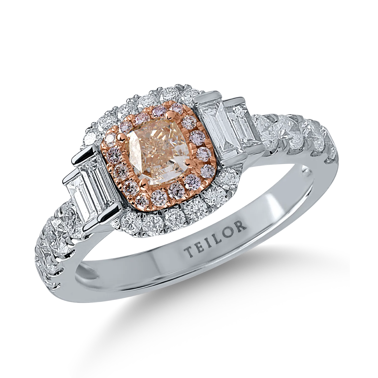 Teilor Inel din aur alb cu diamante transparente baguette si rotunde de 1.03ct si diamante roz cushion si rotunde de 0.6ct