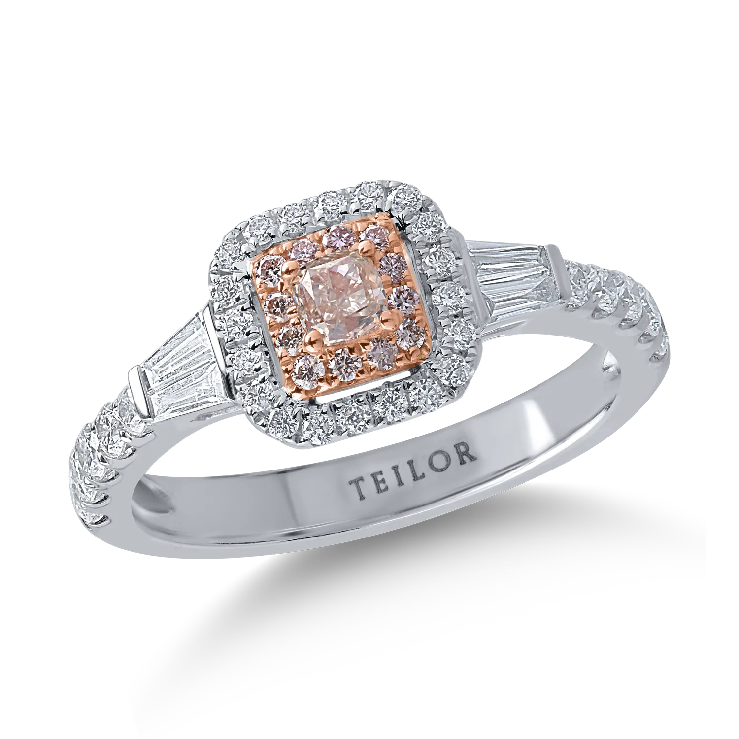 Inel din aur alb-roz cu diamante transparente baguette si rotunde de 0.62ct si diamante roz cushion si rotunde de 0.29ct
