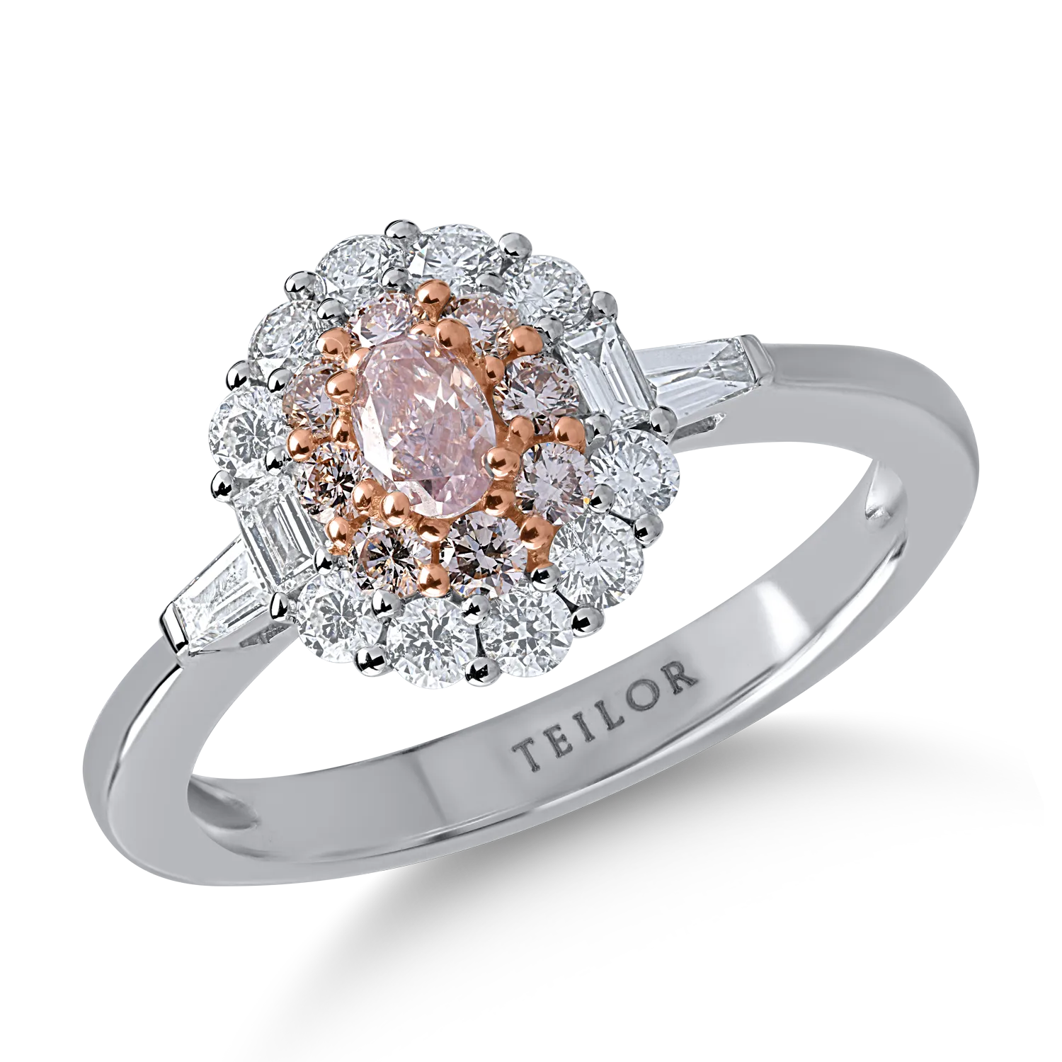 Inel din aur alb-roz cu diamante transparente baguette si rotunde de 0.5ct si diamante roz ovale si rotunde de 0.4ct