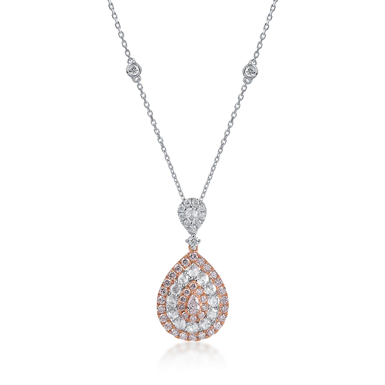 Lant cu pandantiv din aur alb-roz cu diamante roz taietura pear si rotunde de 0.66ct si diamante incolore taietura rose si rotunde de 0.5ct