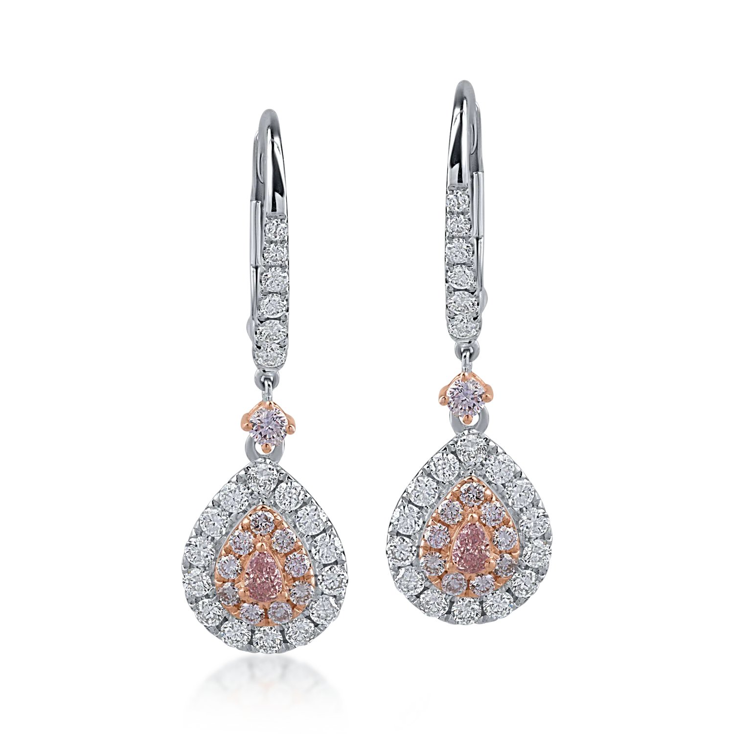 White-rose gold earrings with 0.66ct clear diamonds and 0.41ct rose diamonds
