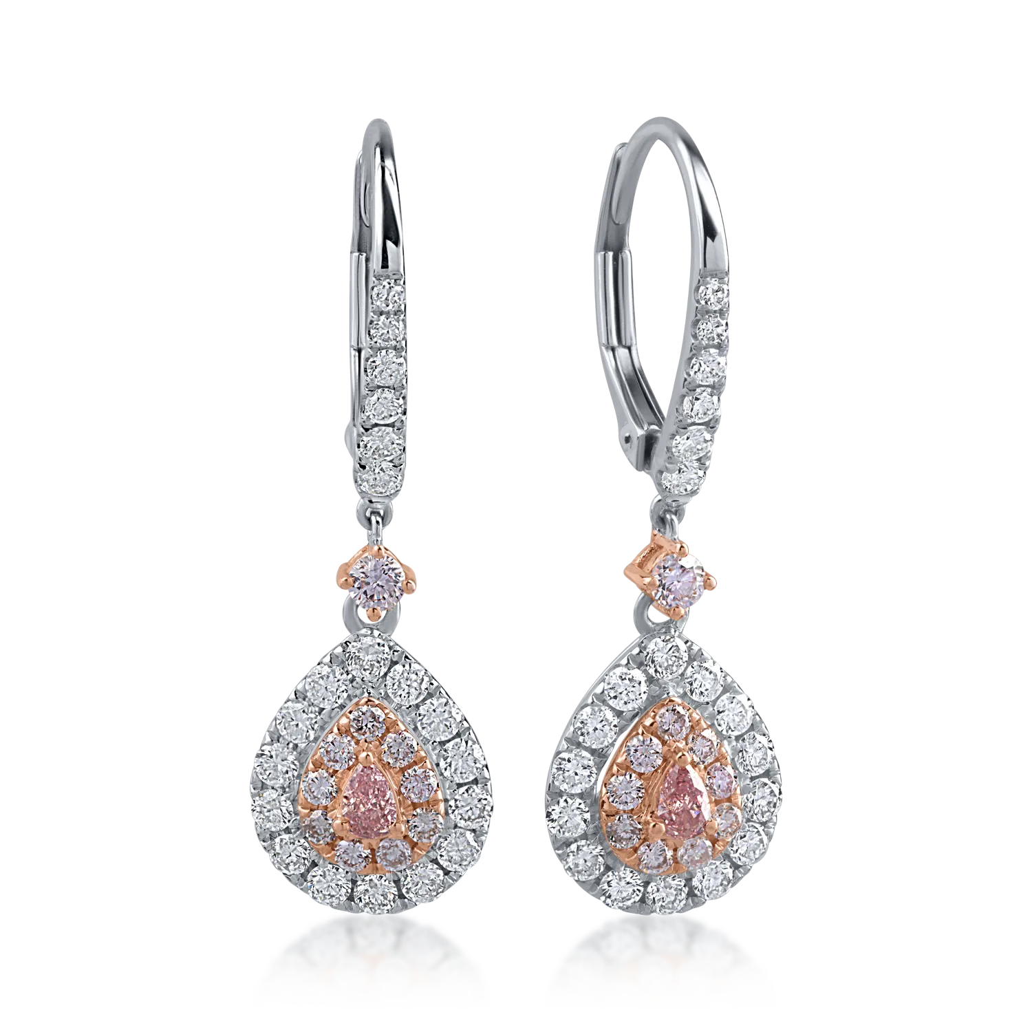 Cercei din aur alb-roz cu diamante incolore de 0.66ct si diamante roz pear si rotunde de 0.41ct