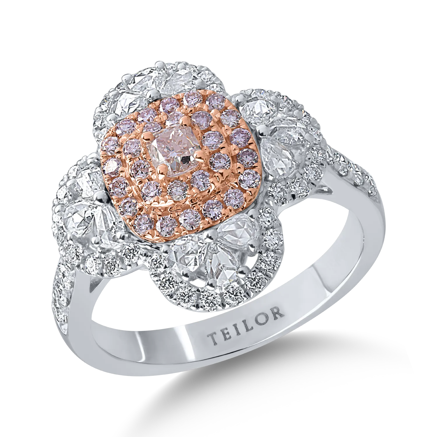 Fehér rózsa arany gyűrű 0.86ct átlátszó gyémántokkal és 0.43ct rózsa gyémántokkal