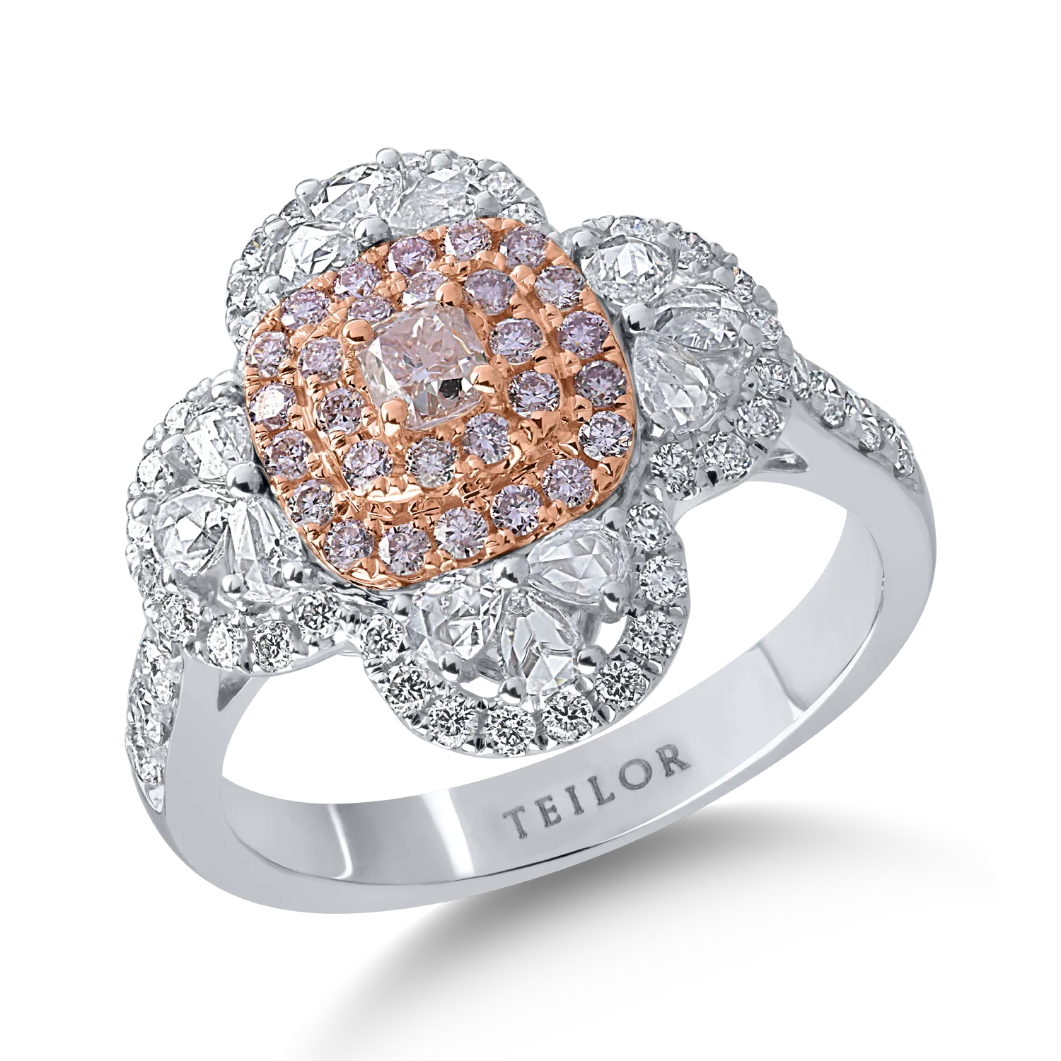 Inel din aur alb-roz cu diamante incolore taietura rose si rotunde de 0.86ct si diamante roz taietura cushion si rotunde de 0.43ct