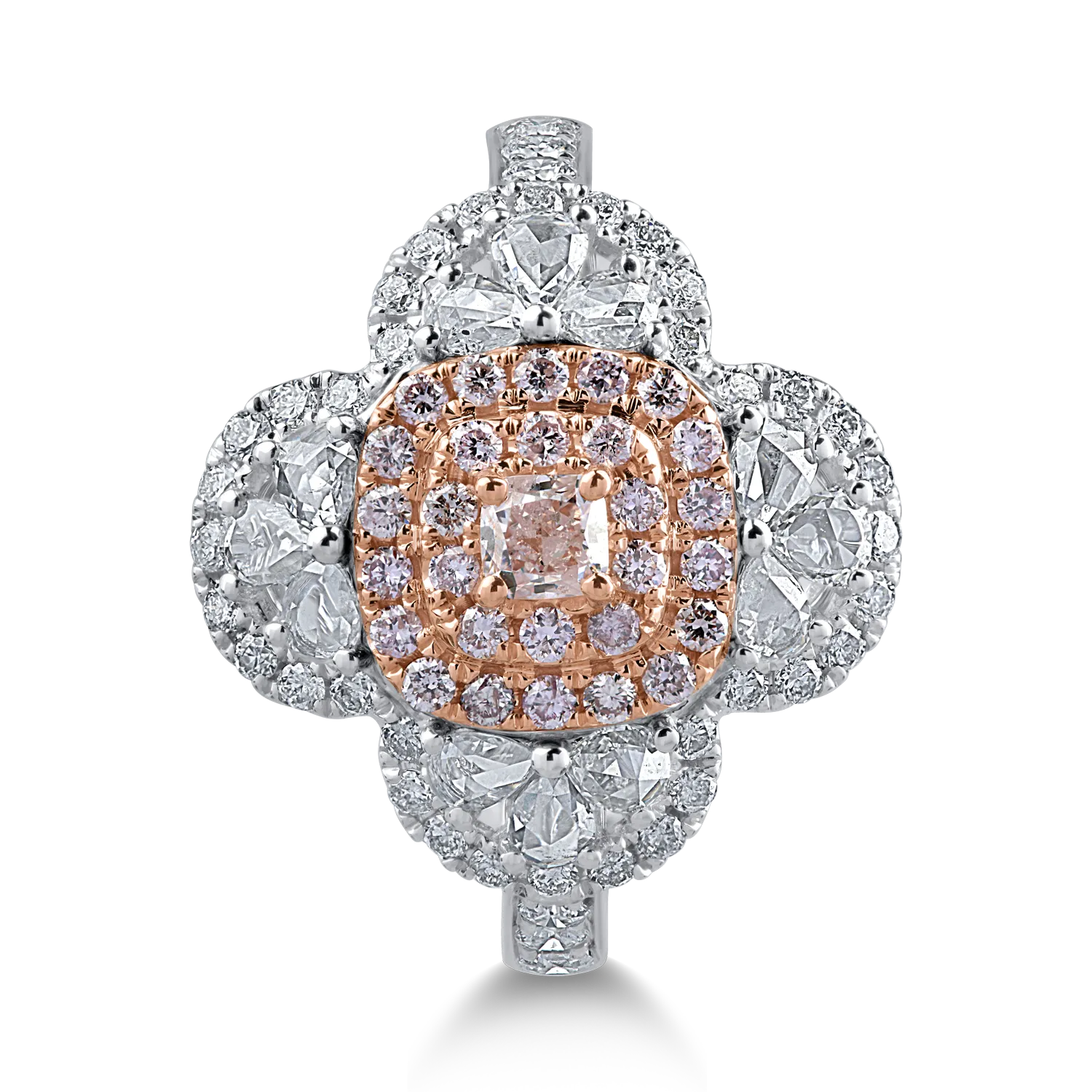 Fehér rózsa arany gyűrű 0.86ct átlátszó gyémántokkal és 0.43ct rózsa gyémántokkal