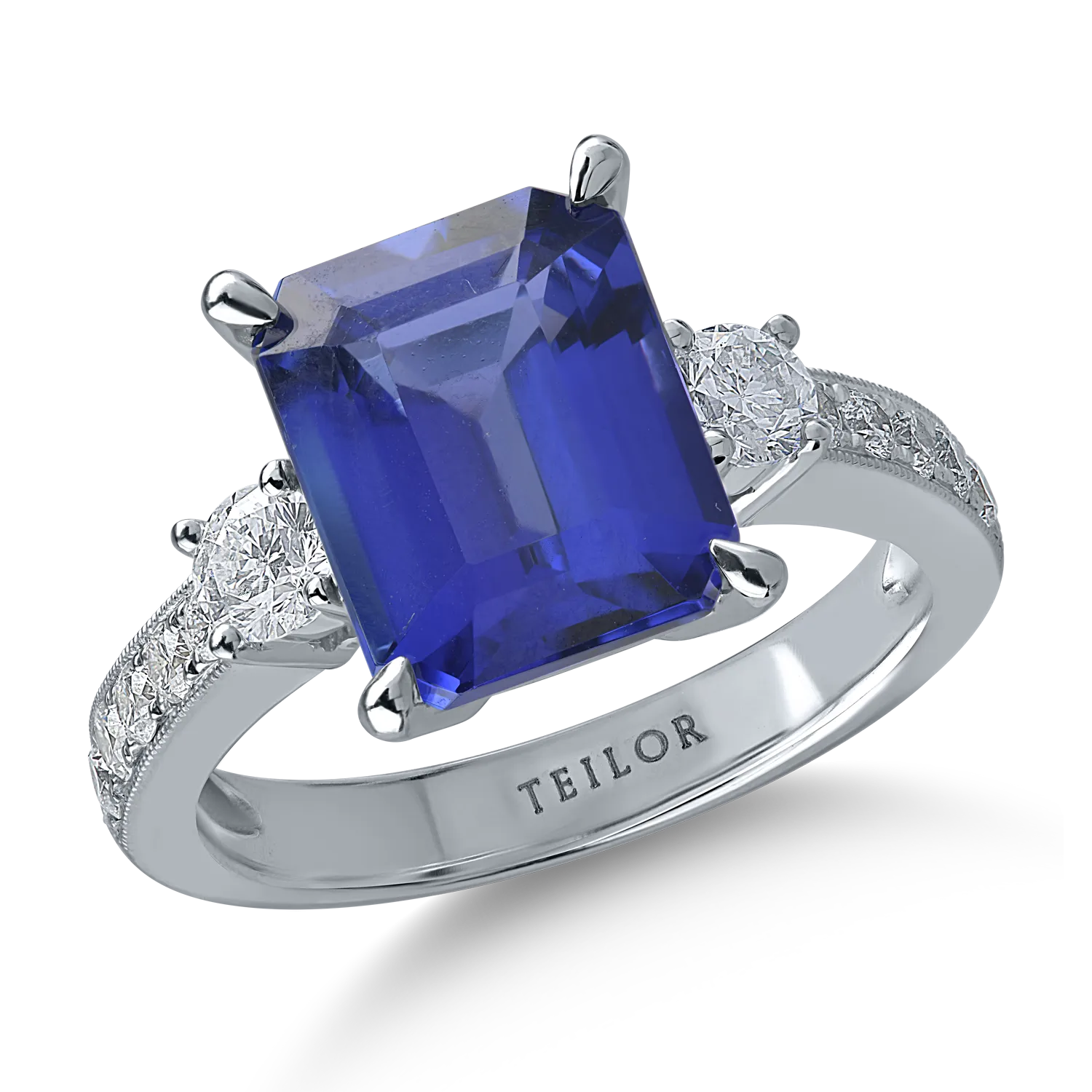 Inel din aur alb cu tanzanit emerald de 4ct si diamante de 0.6ct