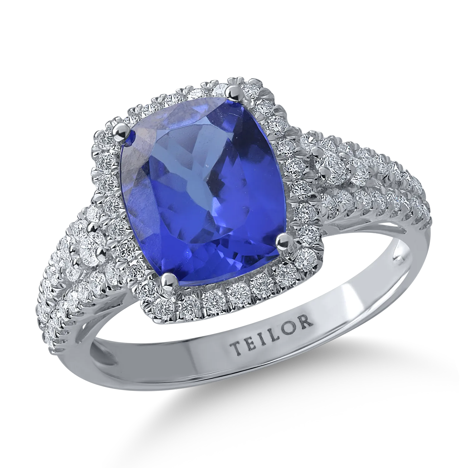 Inel din aur alb cu tanzanit rectangular de 2.89ct si diamante de 0.49ct