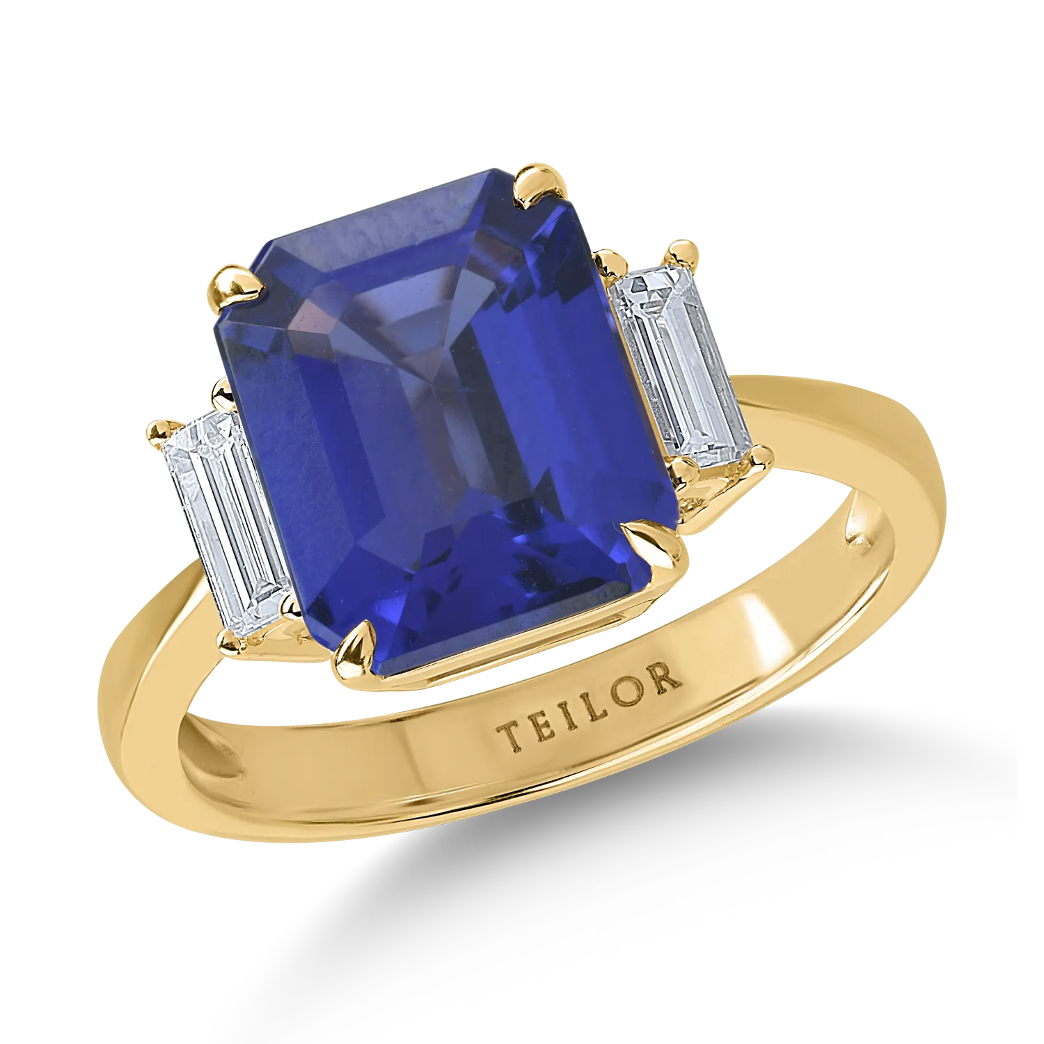 Inel din aur galben cu tanzanit rectangular de 4ct si diamante de 0.3ct