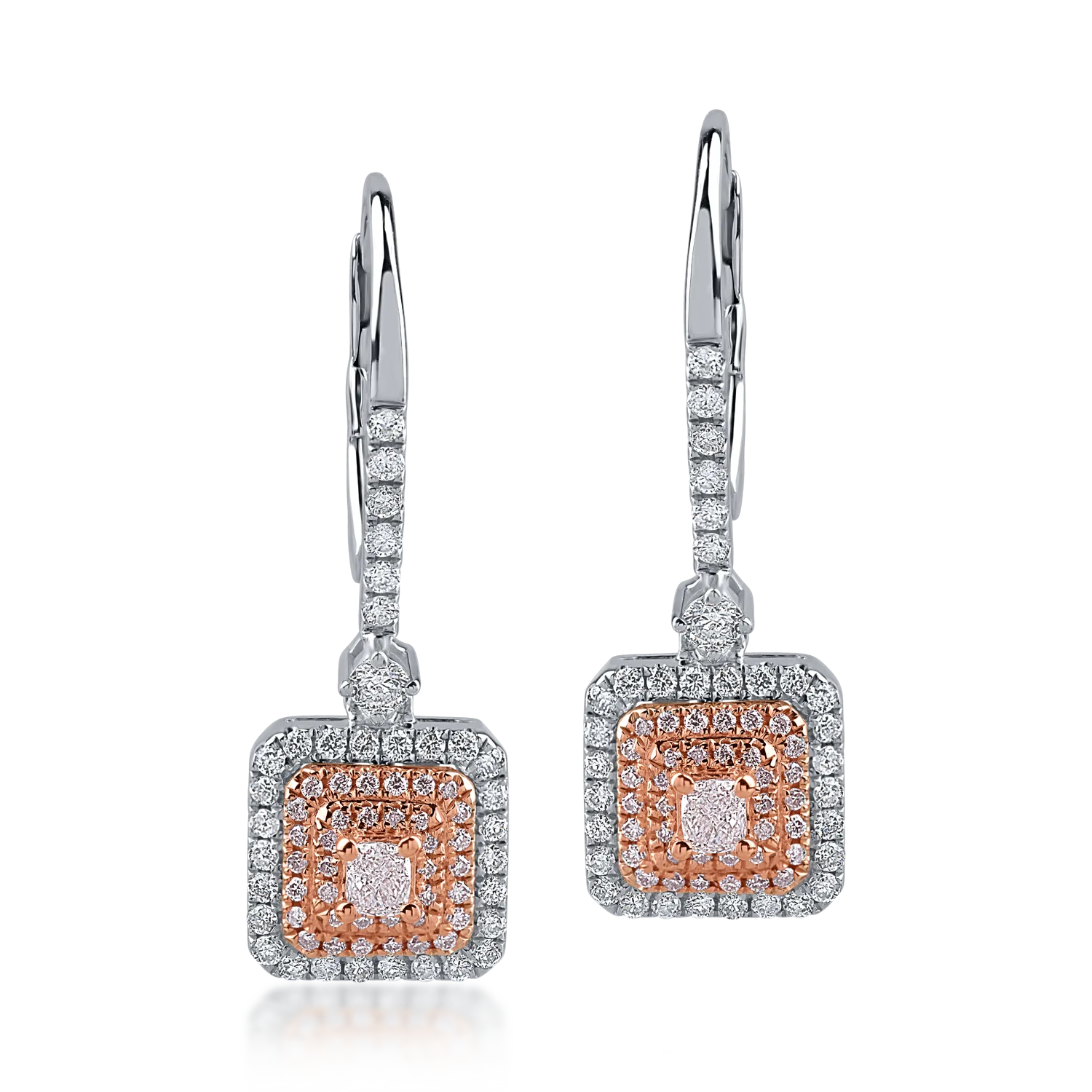 White-rose gold earrings with 0.42ct clear diamonds and 0.32ct rose diamonds