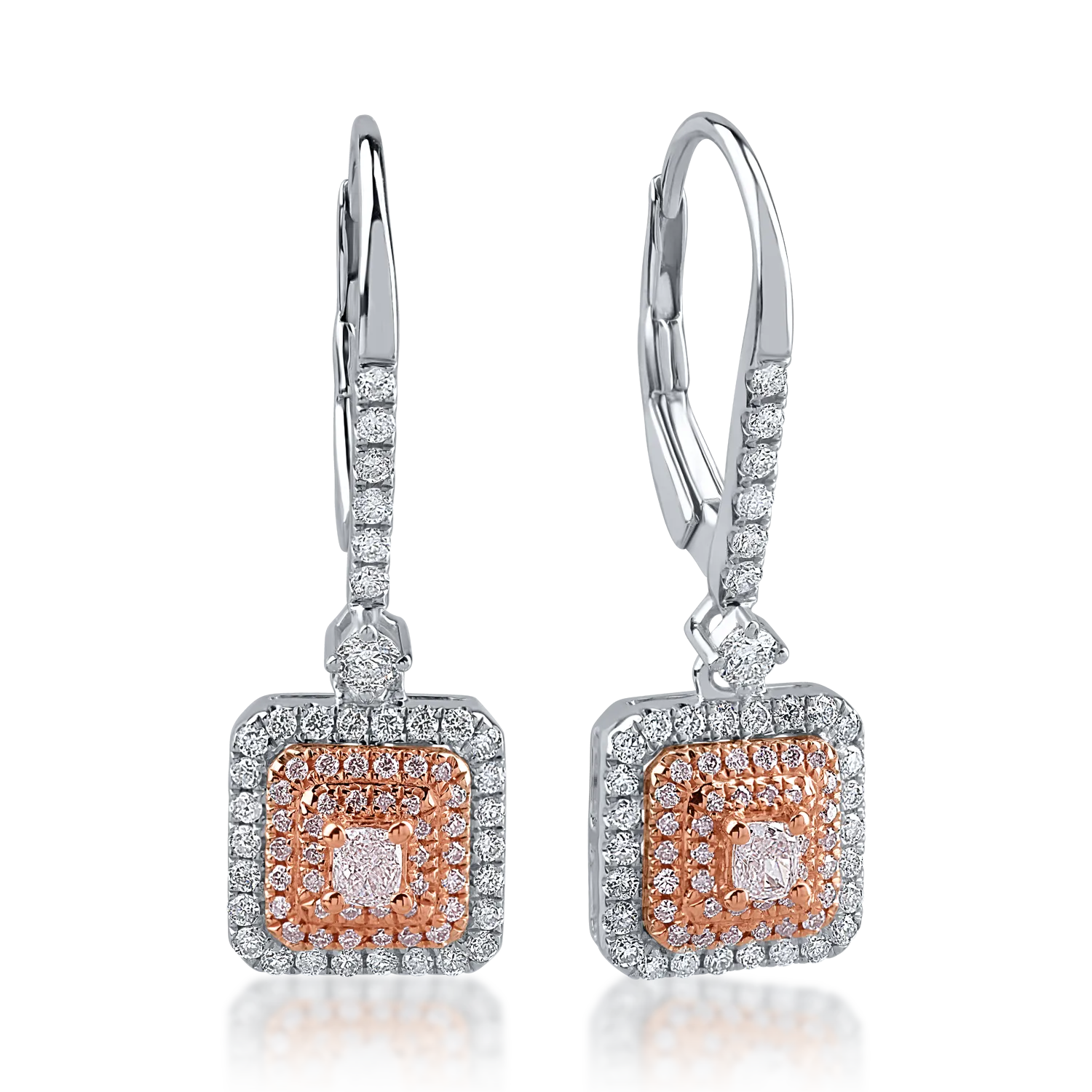 White-rose gold earrings with 0.42ct clear diamonds and 0.32ct rose diamonds