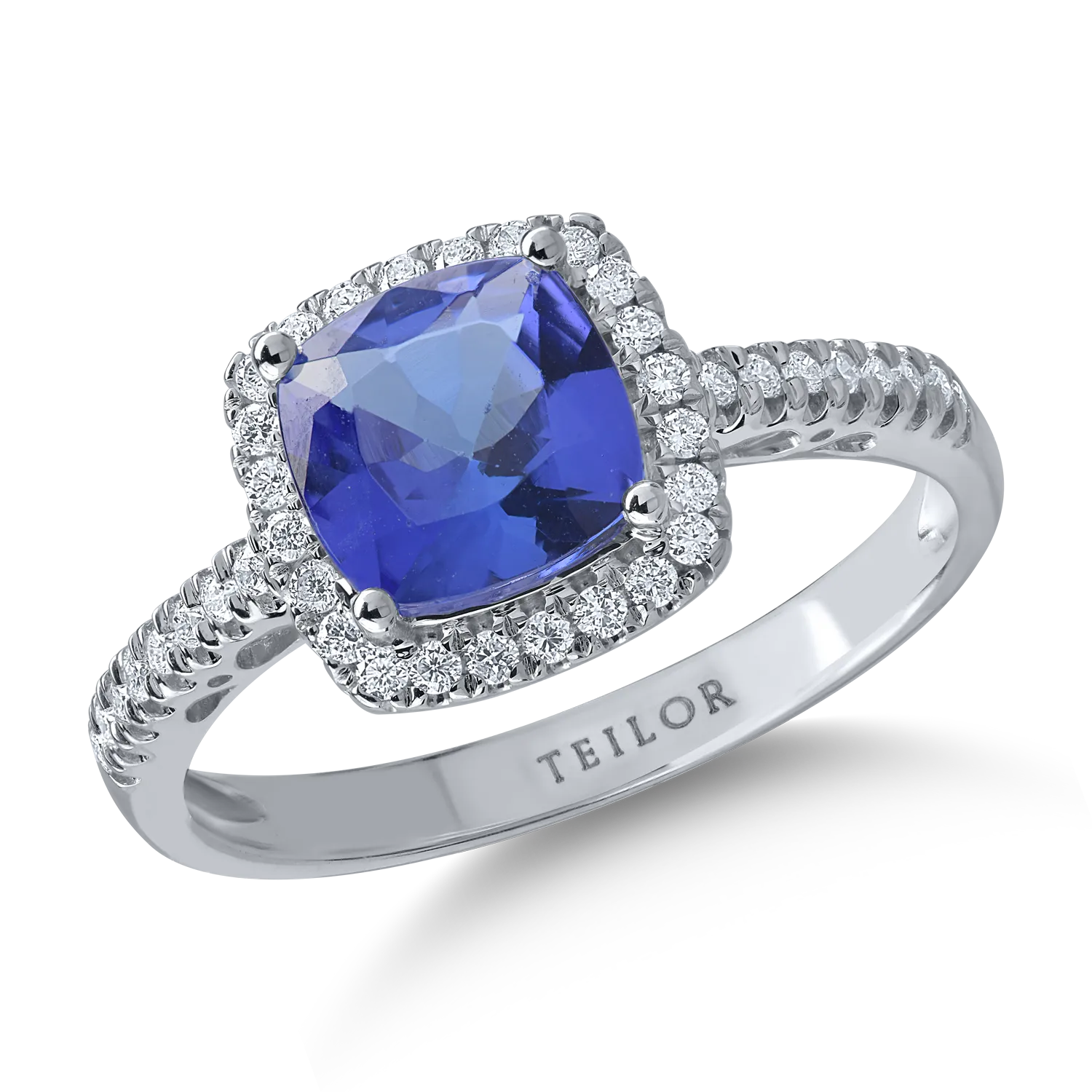 Inel din aur alb cu tanzanit cushion de 1.6ct si diamante de 0.2ct